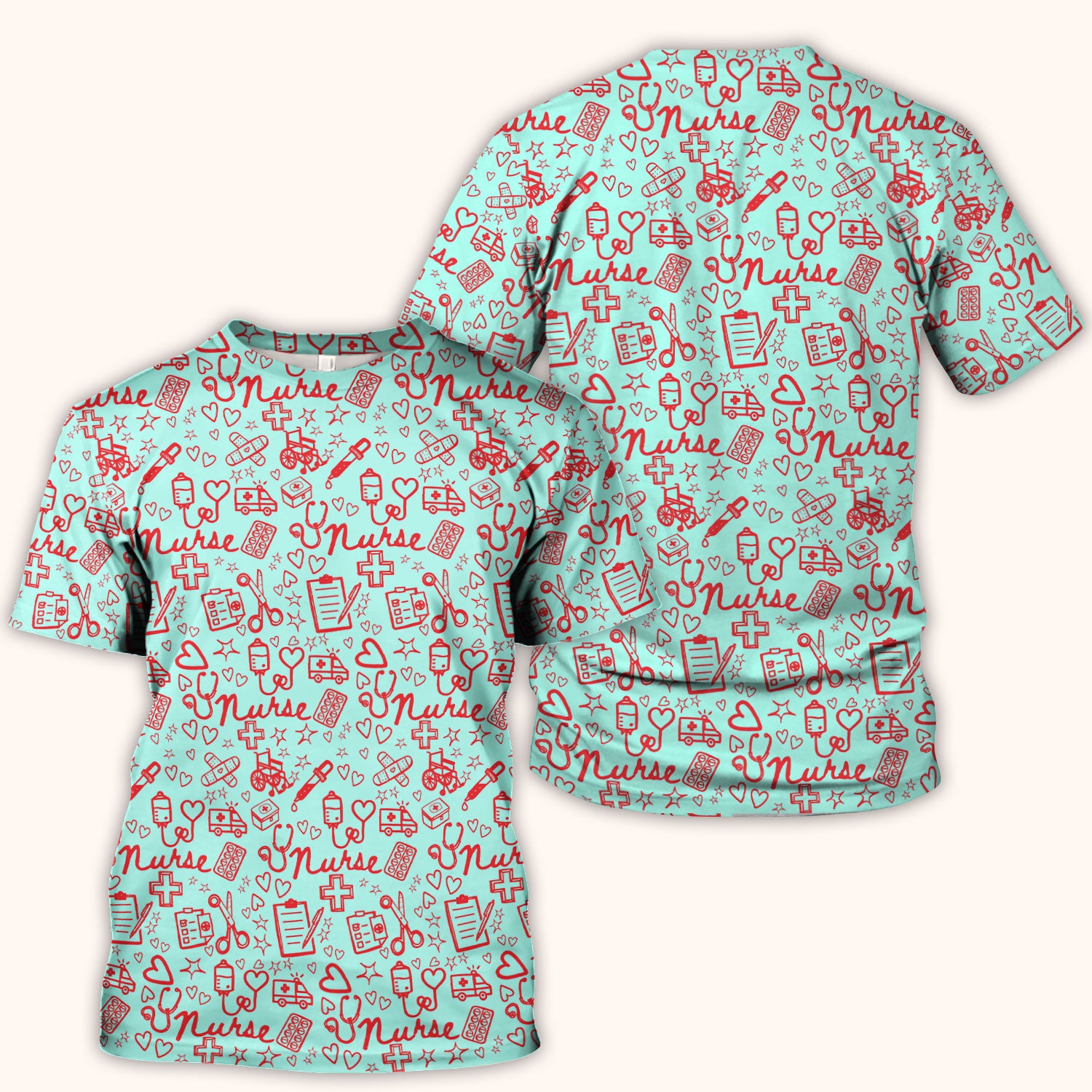 Cute Nurse Heart Medical Pattern Scrub Top, Comfortable Scrubs for Nurses