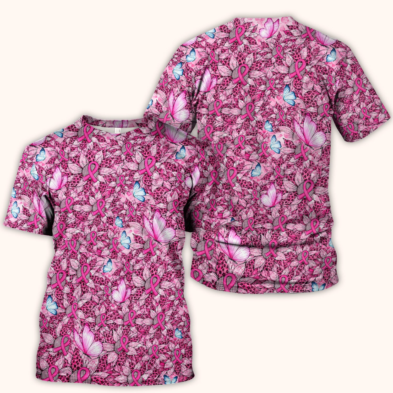 Pink Ribbon Butterfly Breast Cancer Scrub Top, Comfortable Scrubs for Nurses