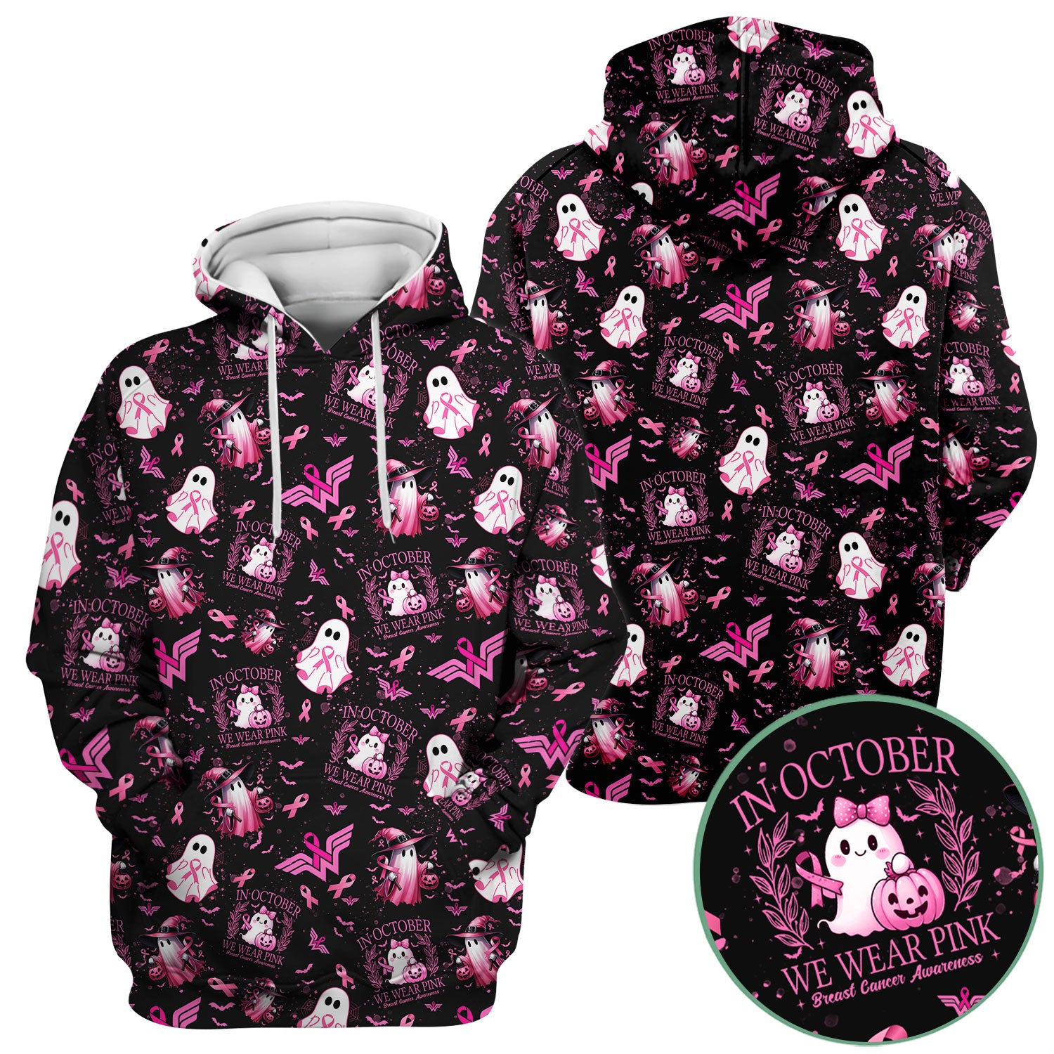 Pink Halloween Scrub Top for Nurses - In October We Wear Pink Breast Cancer Awareness Shirt - Cute Ghost Witch Gift for RN CNA LPN