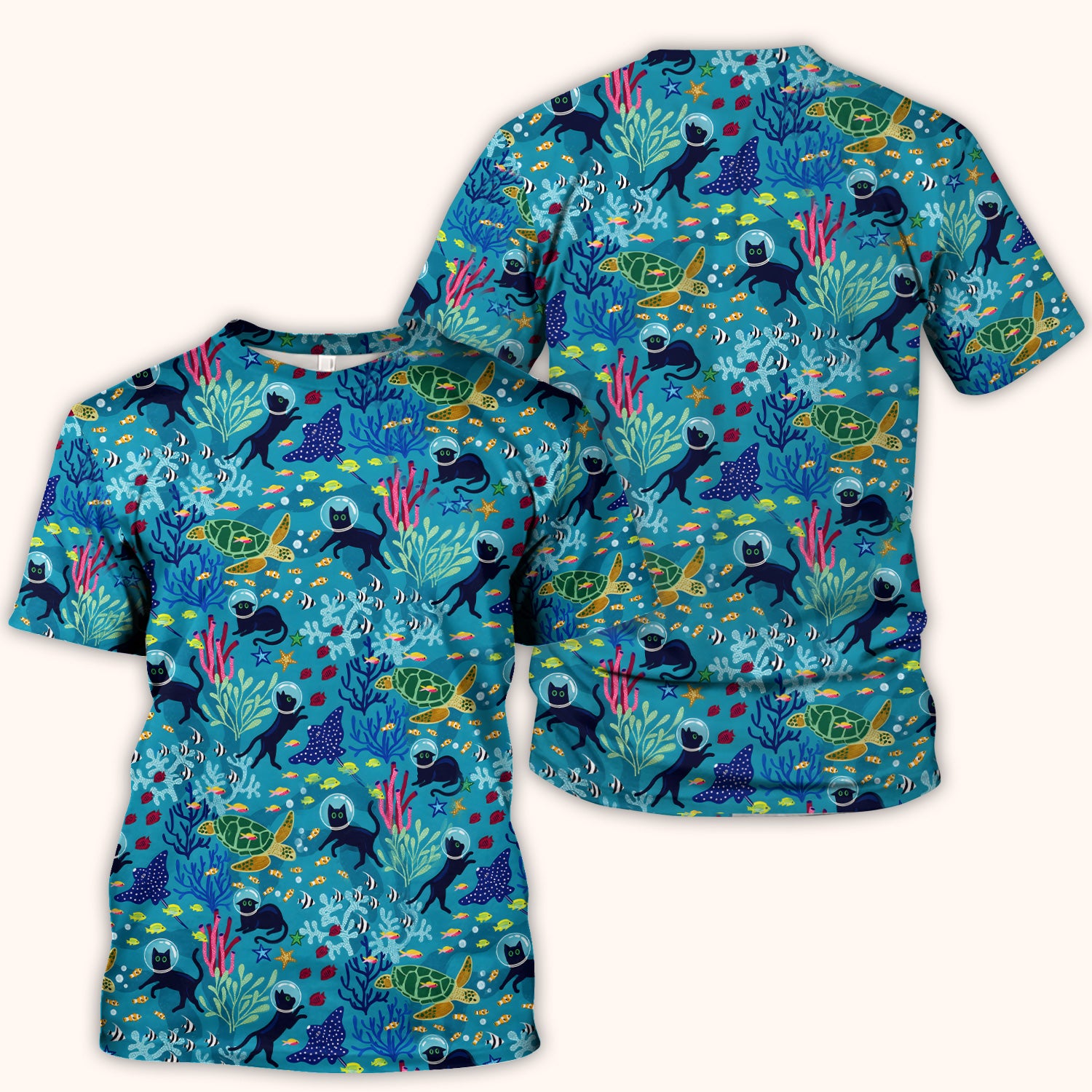 Underwater Cat Turtle Veterinary Pattern Scrub Top for RN, CNA, Ocean Medical Uniform
