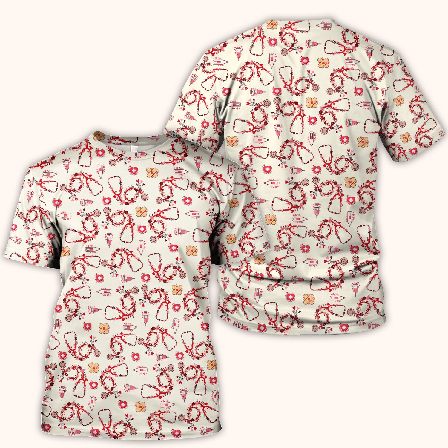 Heart Stethoscope Medical Pattern Scrub Top, Breathable Fabrics Nursing Uniform