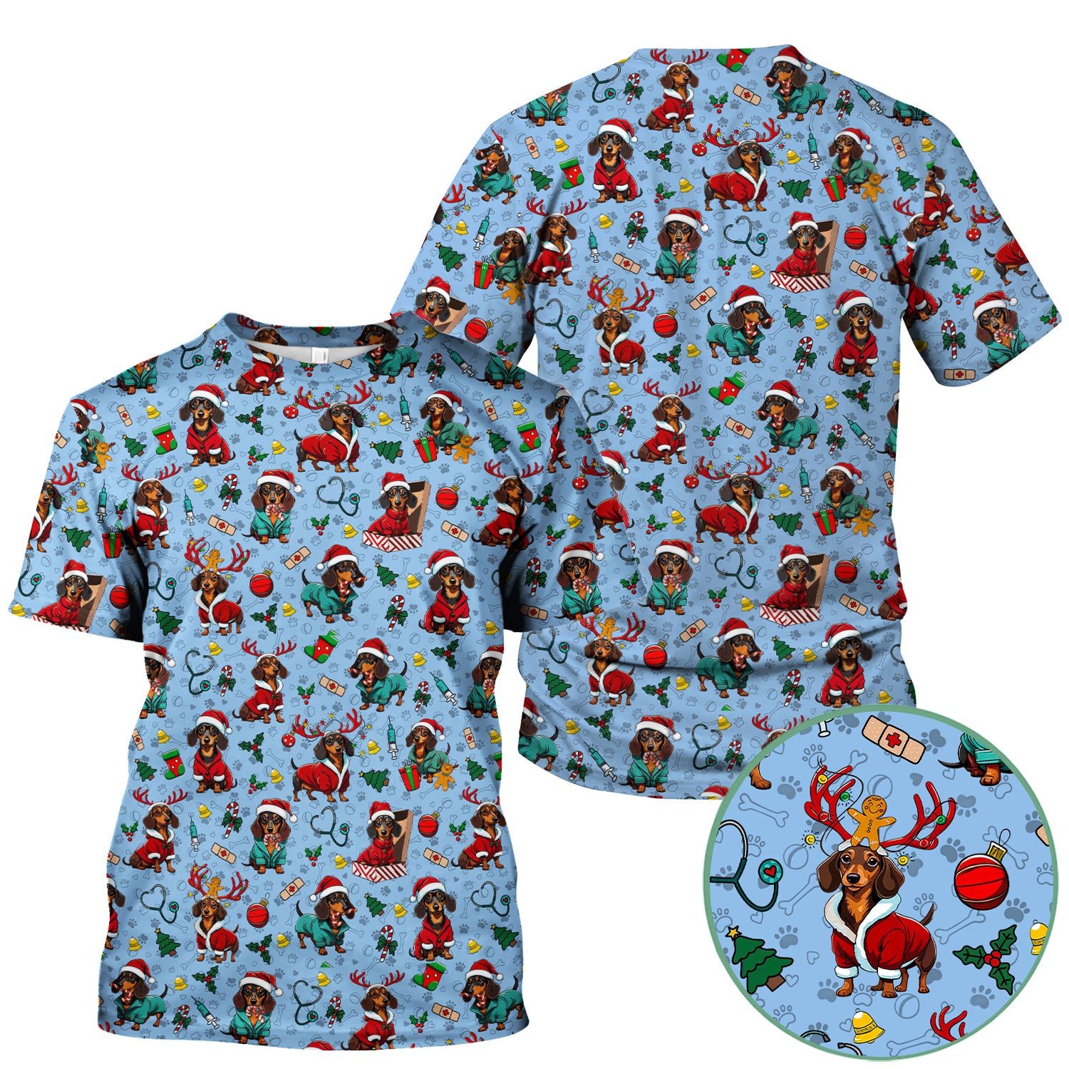 Christmas Dachshund Scrubs for Nurses - Cute Sausage Dog Holiday Scrub Top - Funny Reindeer & Santa Medical Shirt for Women
