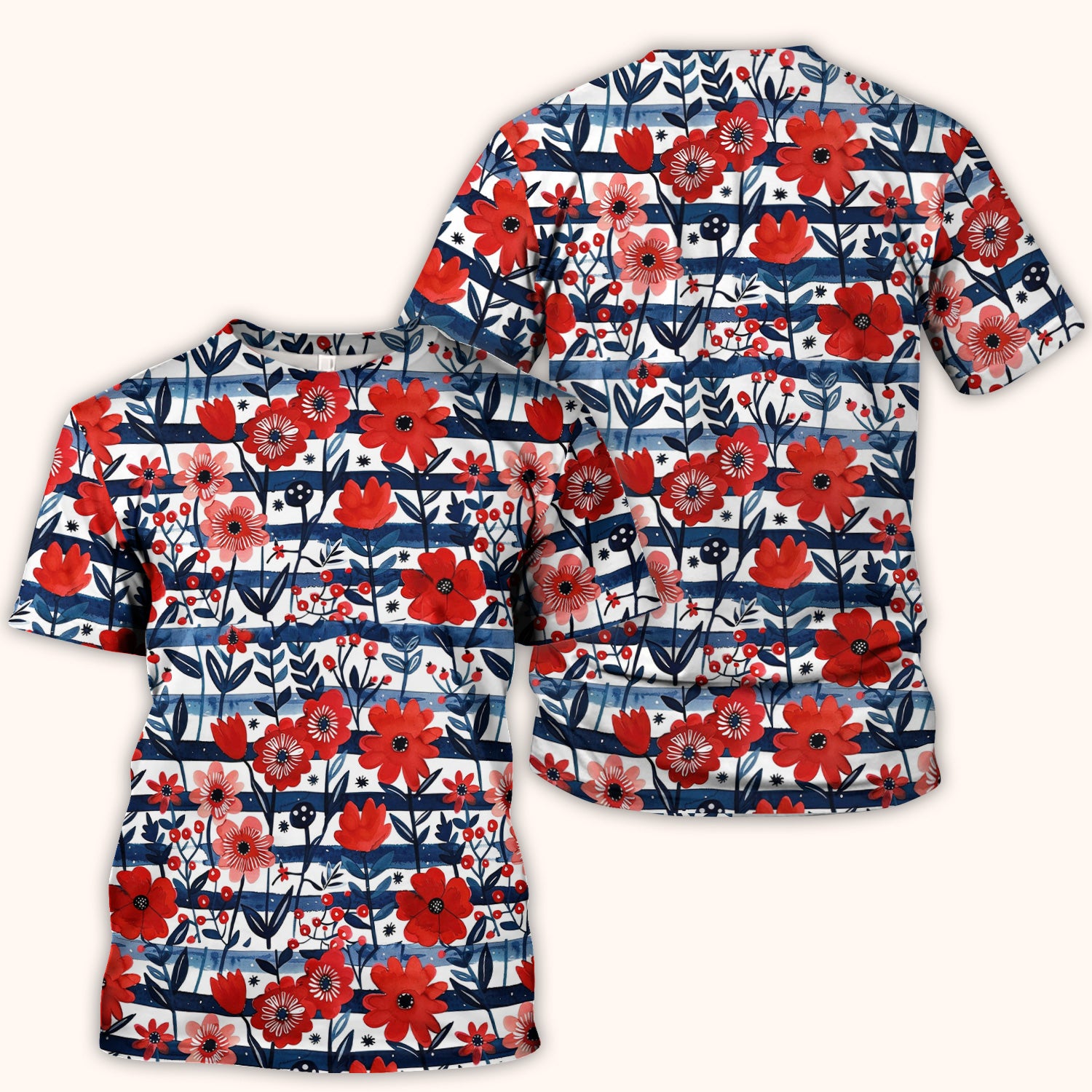 Red Poppy Navy Stripe Pattern Scrub Top, Comfortable Scrubs for Nurses