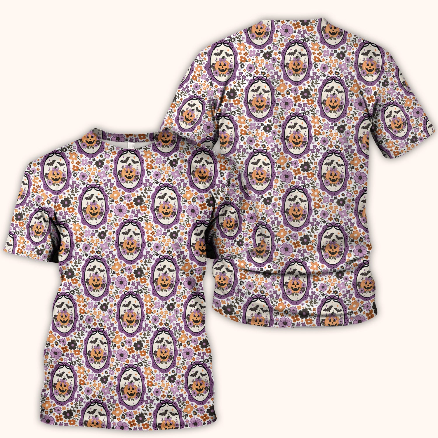 Halloween Pumpkin with Floral Print Scrub Top, Comfortable Scrubs for Nurses