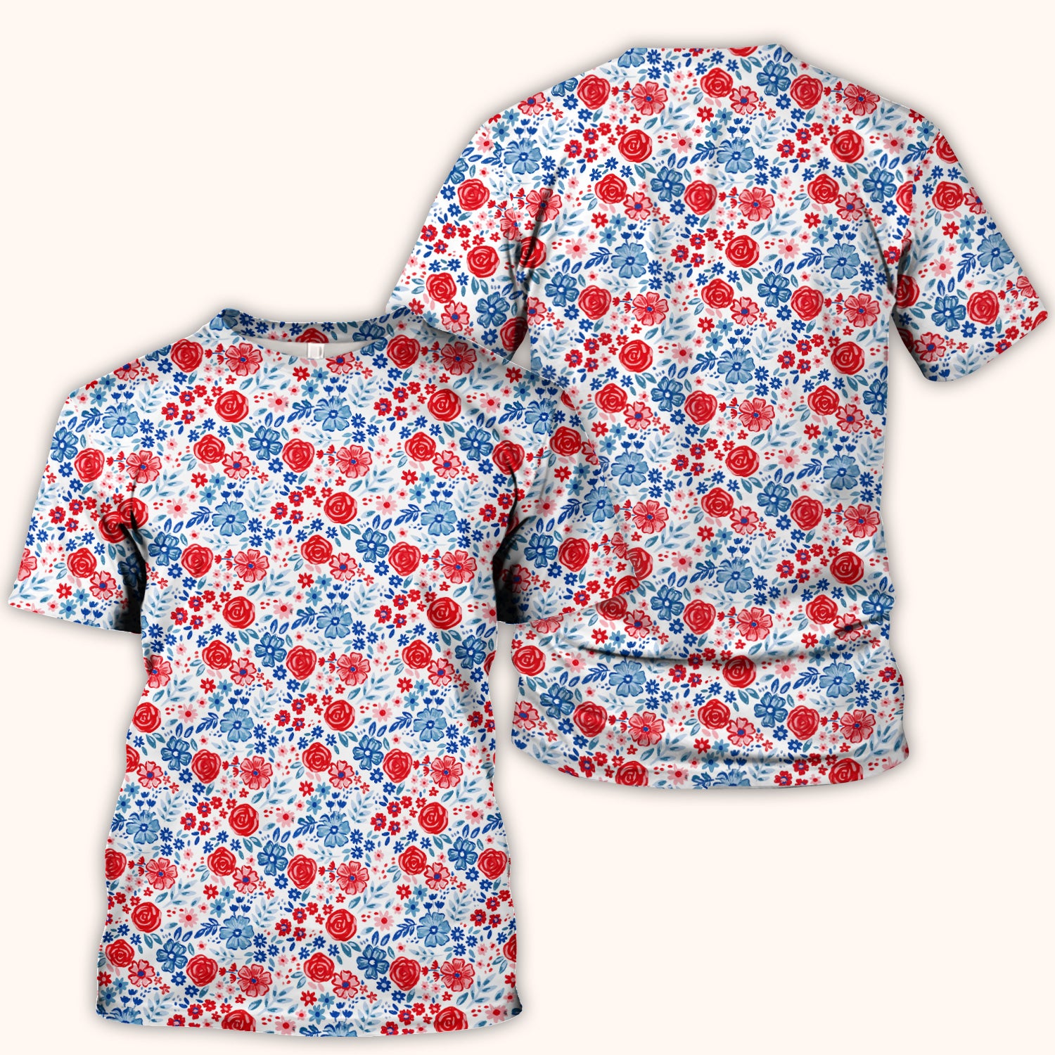 Red Blue Floral Garden Blossom Pattern Scrub Top, Comfortable Scrubs for Nurses