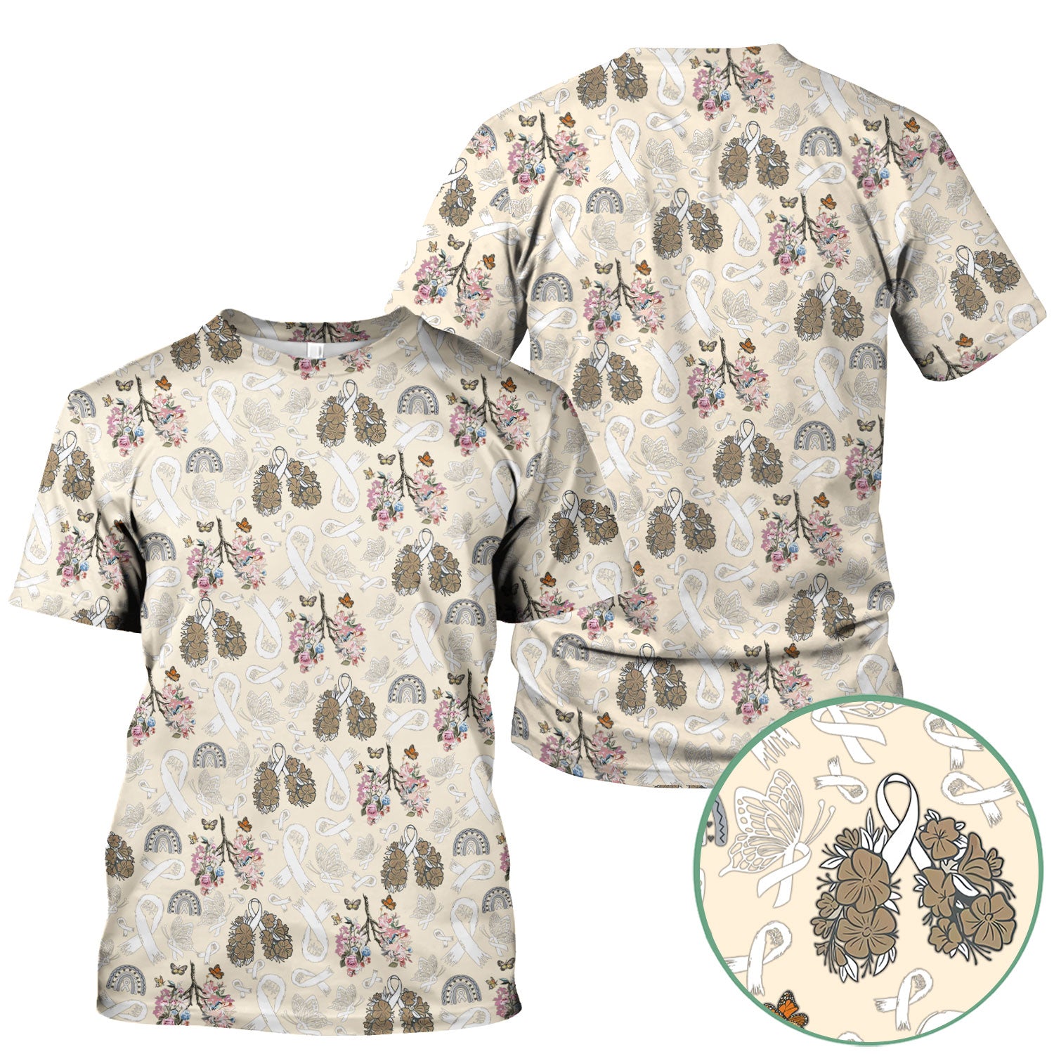Lung Cancer Awareness Scrub Top for Women - White Ribbon Butterfly Floral Medical Uniform - Comfortable Scrubs for Nurses