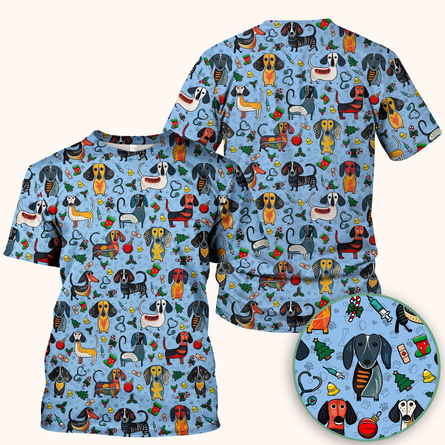 Christmas Wiener Dog Scrub Top - Funny Sausage Dog Nurse Shirt for Women - Holiday Medical Uniform