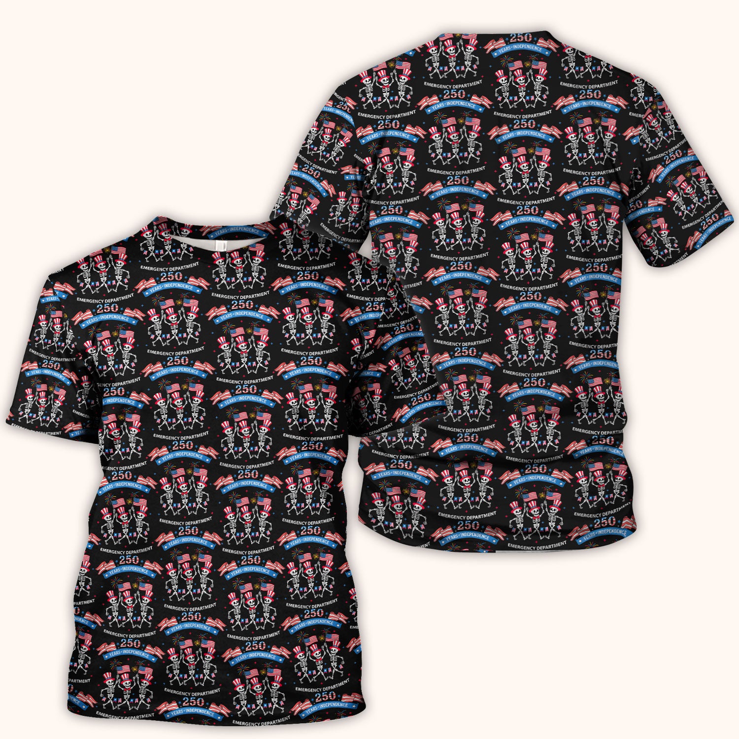 Patriotic Skeleton 250 Years ER Print Scrub Top, Breathable Fabrics Nursing Uniform