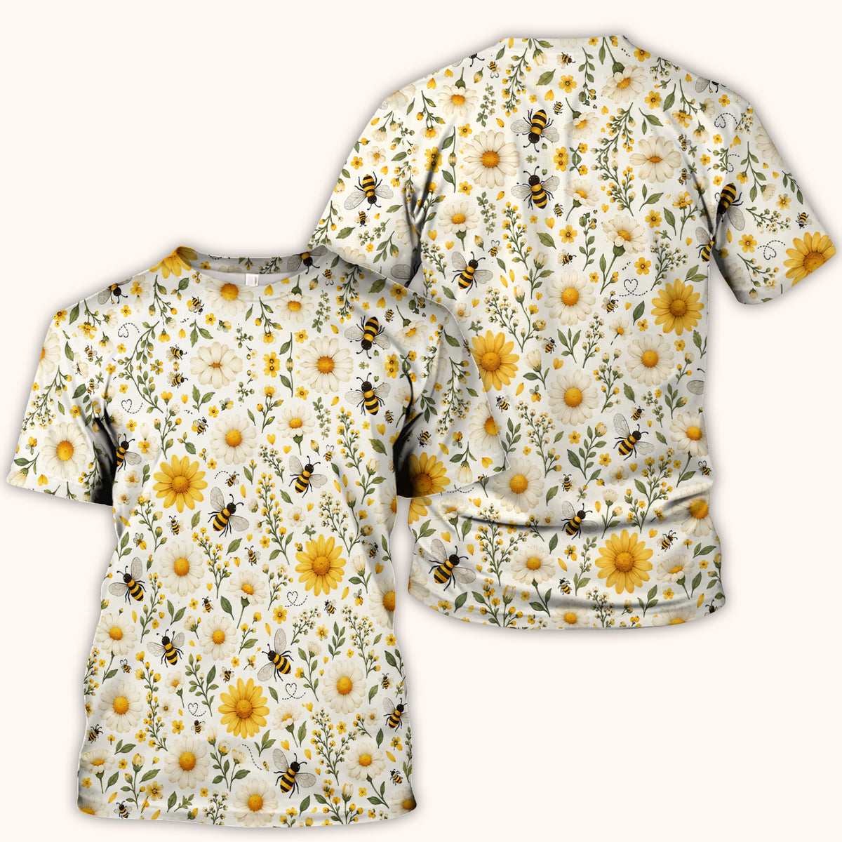 Cute Honey Bee And Daisy Pattern Scrub Top, Comfortable Scrubs for Nurses