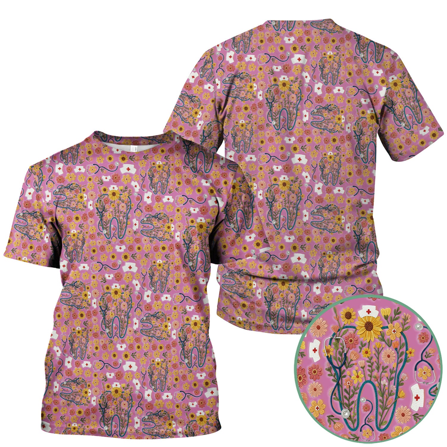 Boho Floral Tooth Scrub Top - Aesthetic Dental Scrubs for Women - Cute Flower Tooth Pattern Medical Uniform - Hygienist Christmas Gift