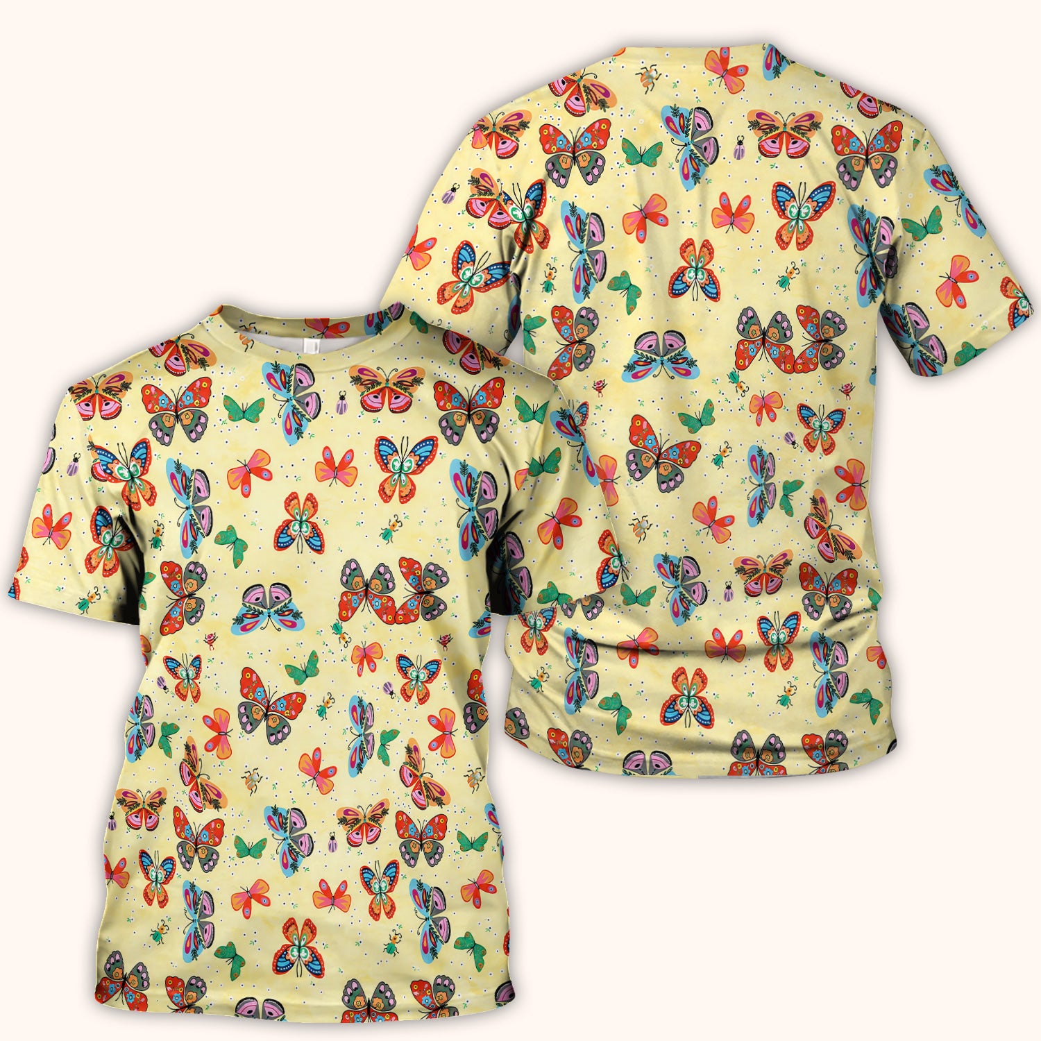 Colorful Butterfly Garden Pattern Scrub Top, Breathable Fabrics Nursing Uniform