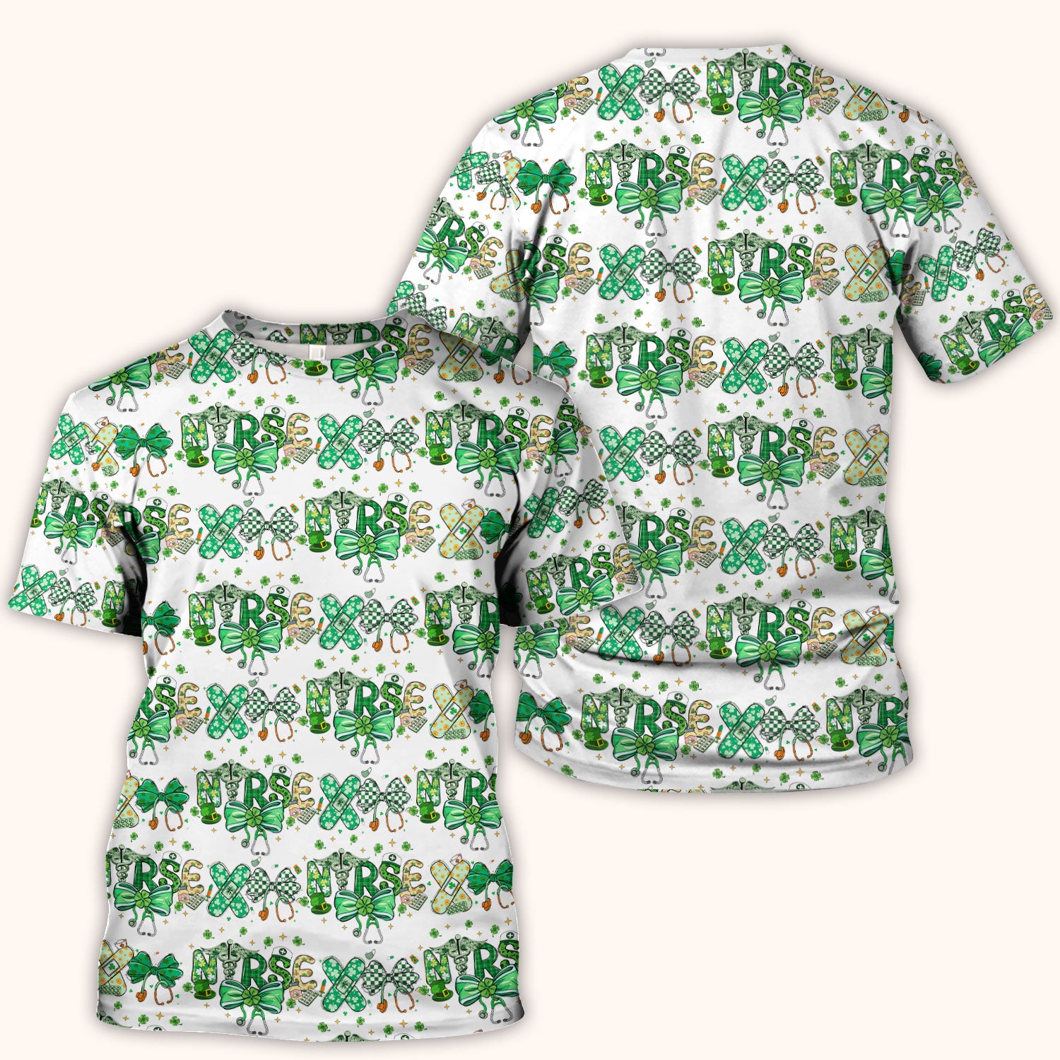 St. Patrick’s Nurse Scrub Top, Lucky Clover And Green Bow Pattern Nurse Shirt, Breathable Fabrics Nursing Uniform