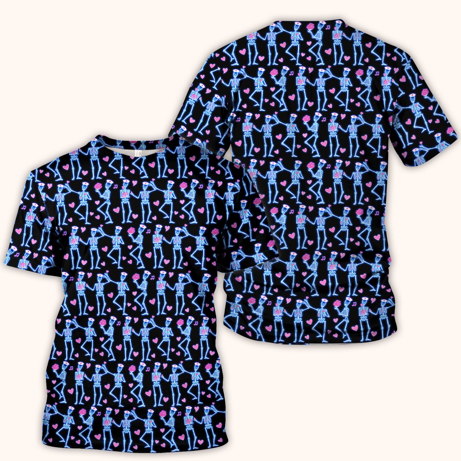 Skeleton Nurse Heart Pattern Scrub Top, Playful Nurse Style, Breathable Fabrics Nursing Uniform