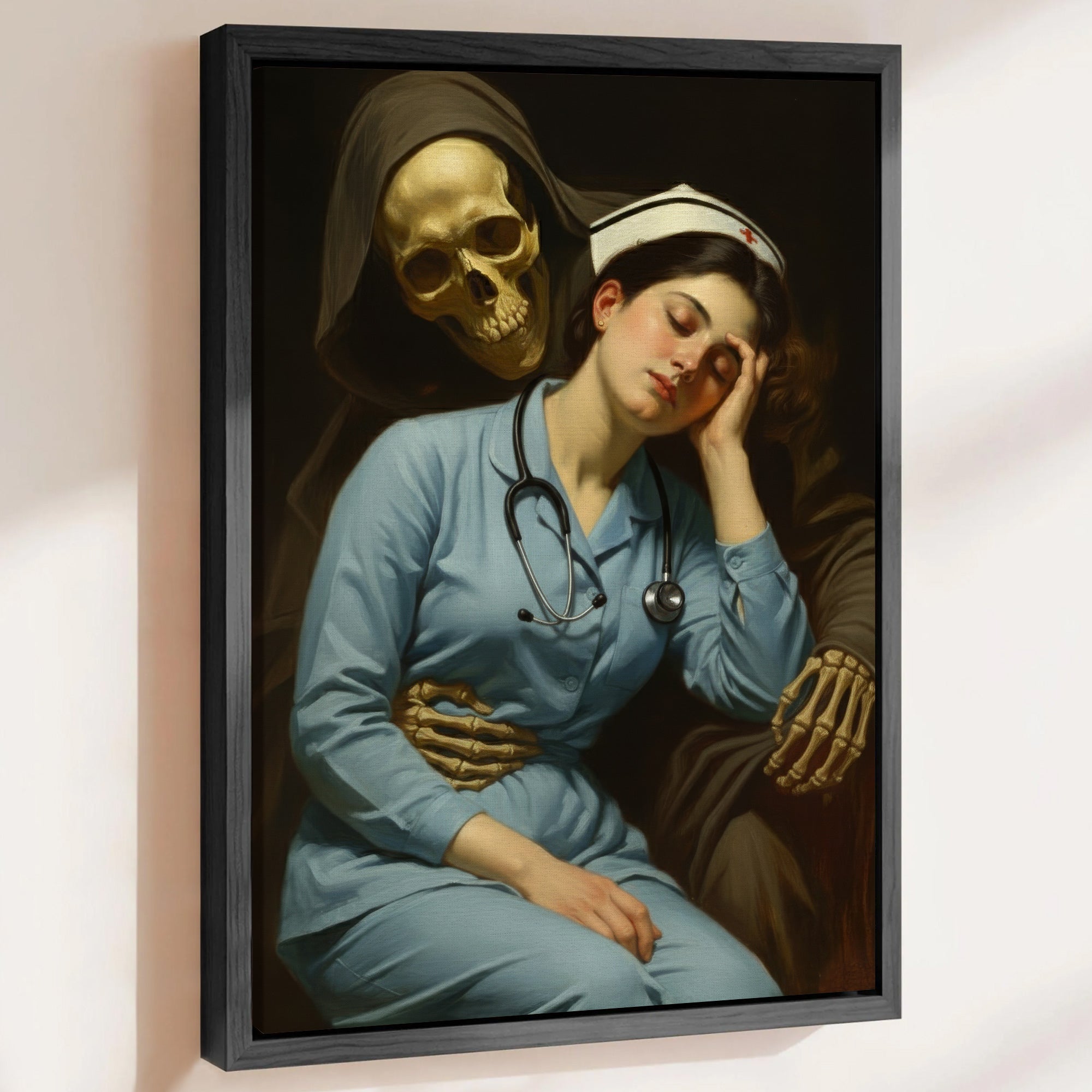 Funny Gothic Nurse and Grim Reaper Canvas, Dark Humor Classic Art Style Wall Decor, RN LPN CNA Gift