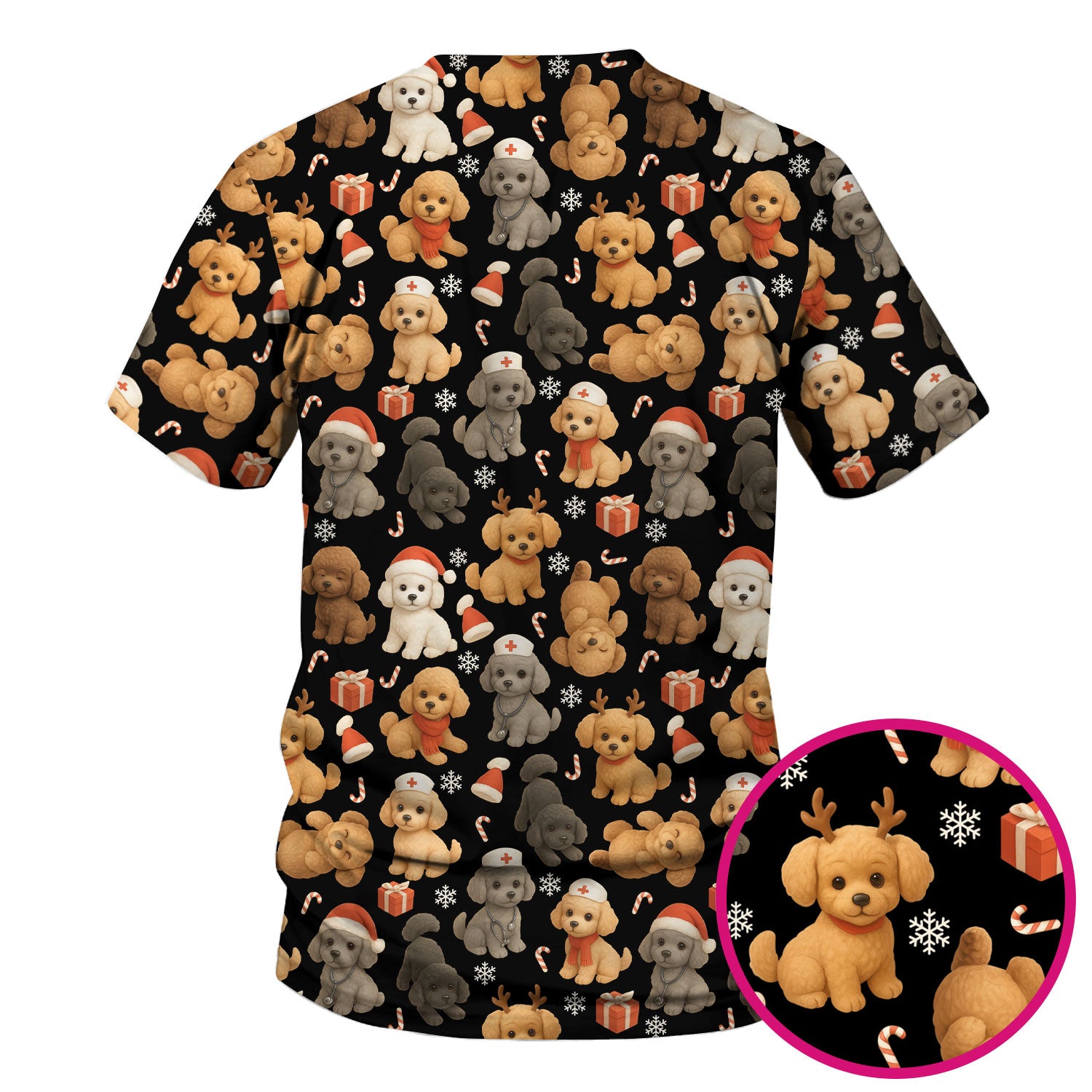 Christmas Poodle Scrubs for Women - Cute Dog Pattern Medical Scrub Top - Festive Holiday Christmas Scrubs with Adorable Poodle Design