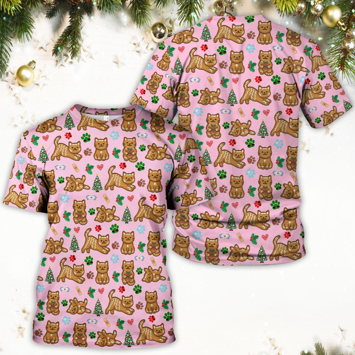 Gingerbread Cat Christmas Scrub Top, Cute Holiday Kitty Medical Uniform Shirt For Nursing, Festive Nurse Pattern