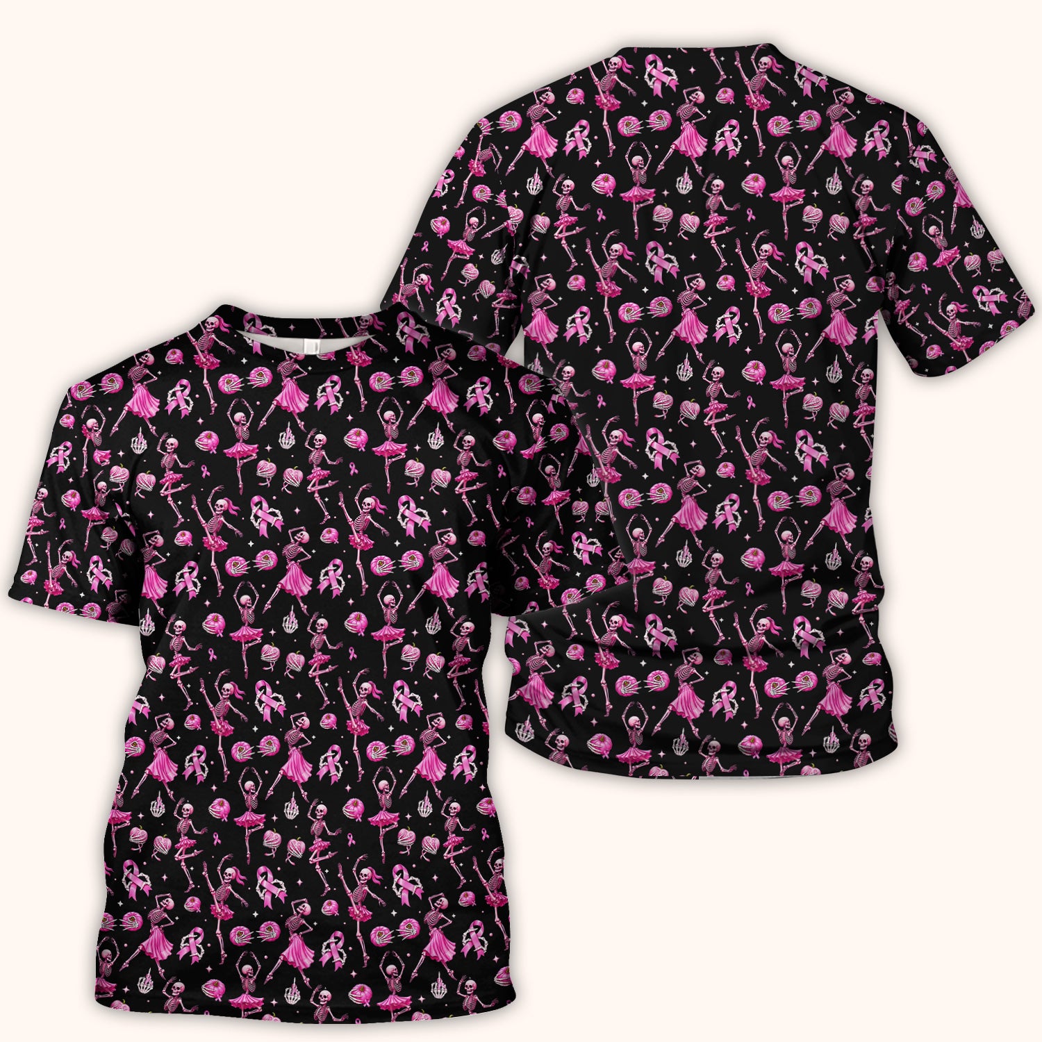 Pink Ribbon Skeleton Ballerina Print Scrub Top, Comfortable Scrubs for Nurses