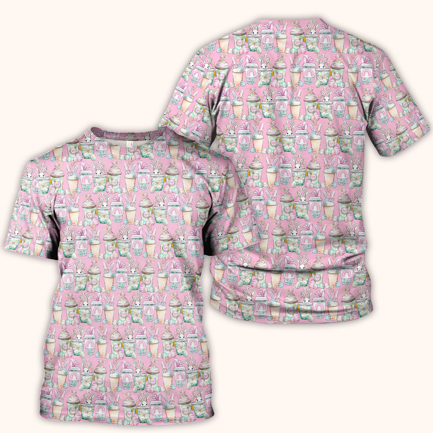 Cute Easter Bunny Coffee Cup Pattern Scrub Top, Comfortable Scrubs for Nurses