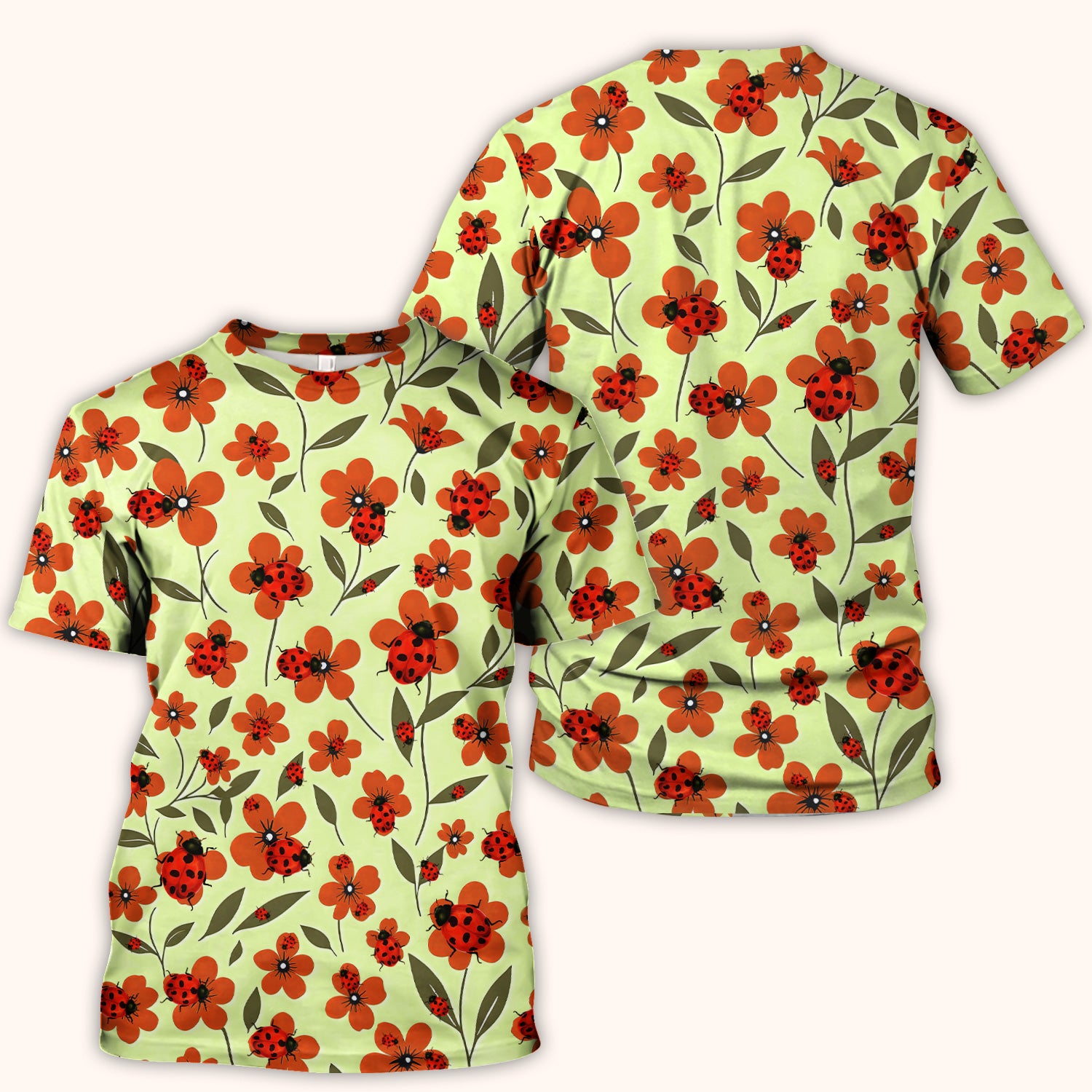 Ladybug on Orange Floral Garden Pattern Scrub Top, Comfortable Scrubs for Nurses