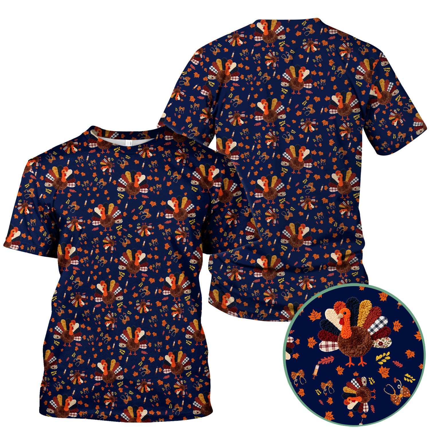 Funny Thanksgiving Nurse Scrub Top - Fall Leaves and Pumpkin Shirt - Autumn Turkey Med Uniform Gift for RN CNA LPN