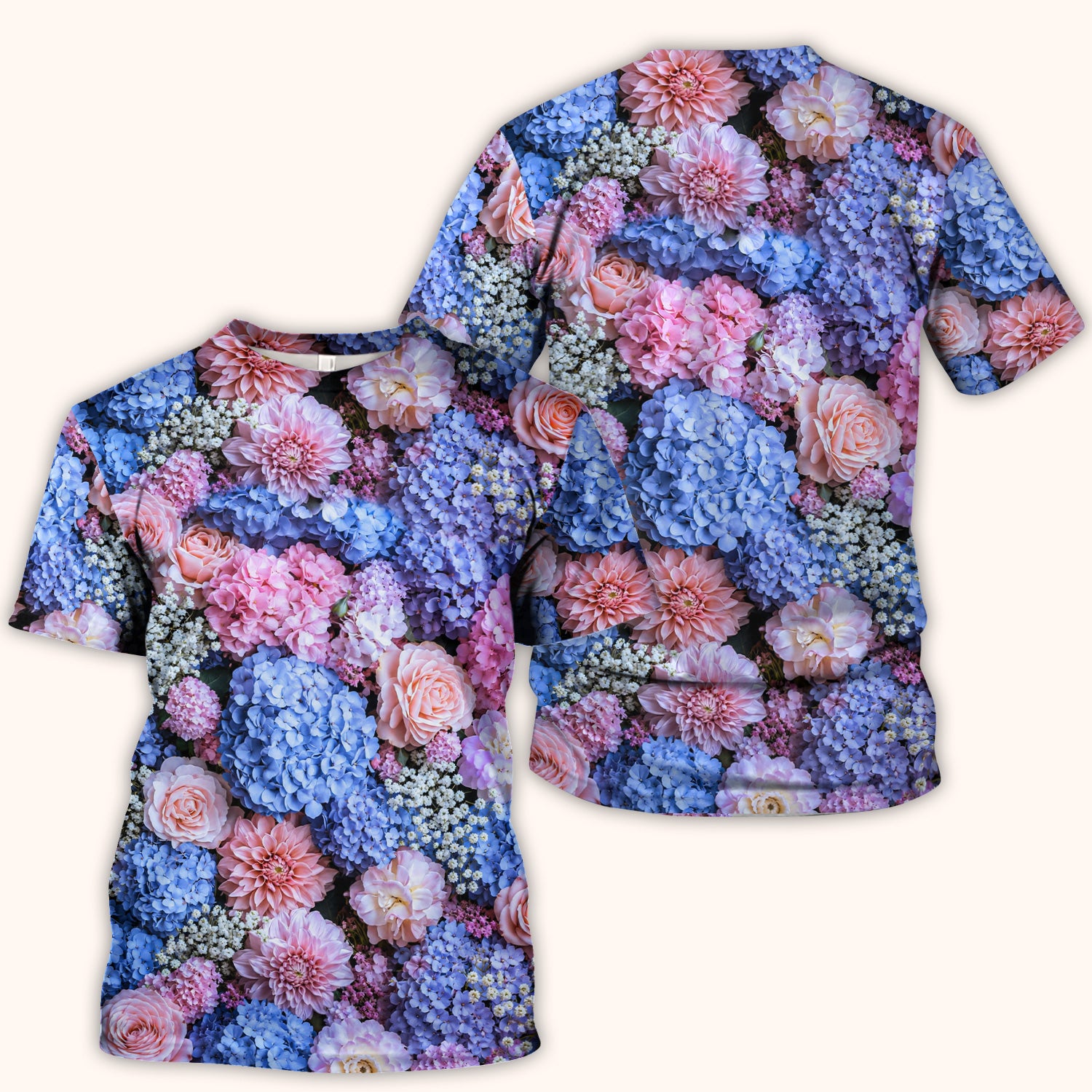 Cute Pastel Hydrangea Rose Blossom Pattern Scrub Top, Comfortable Scrubs for Nurses