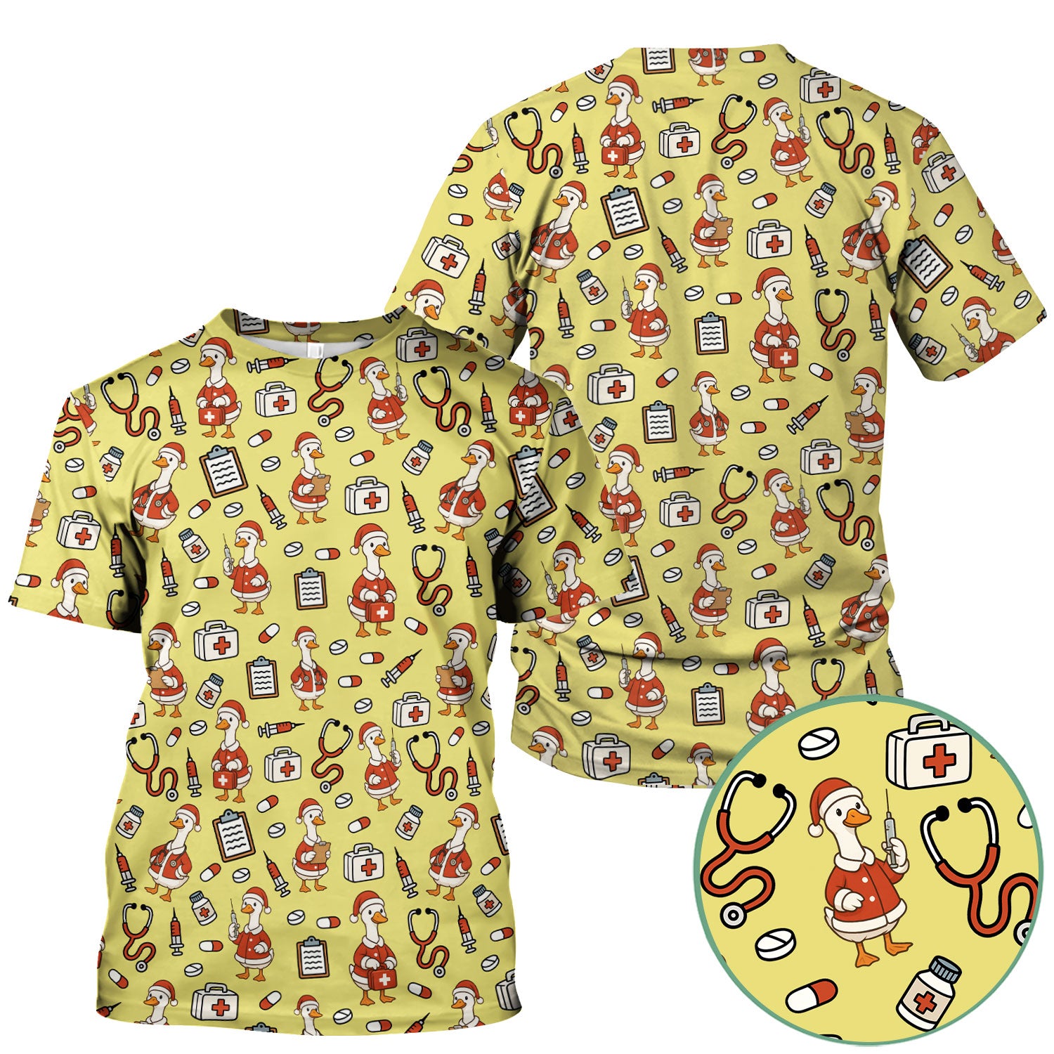 Santa Duck Nurse Scrubs - Christmas Print Medical Shirt for Women Men - Funny Holiday Scrub Top for RN CNA Doctor, Cute Xmas Gift