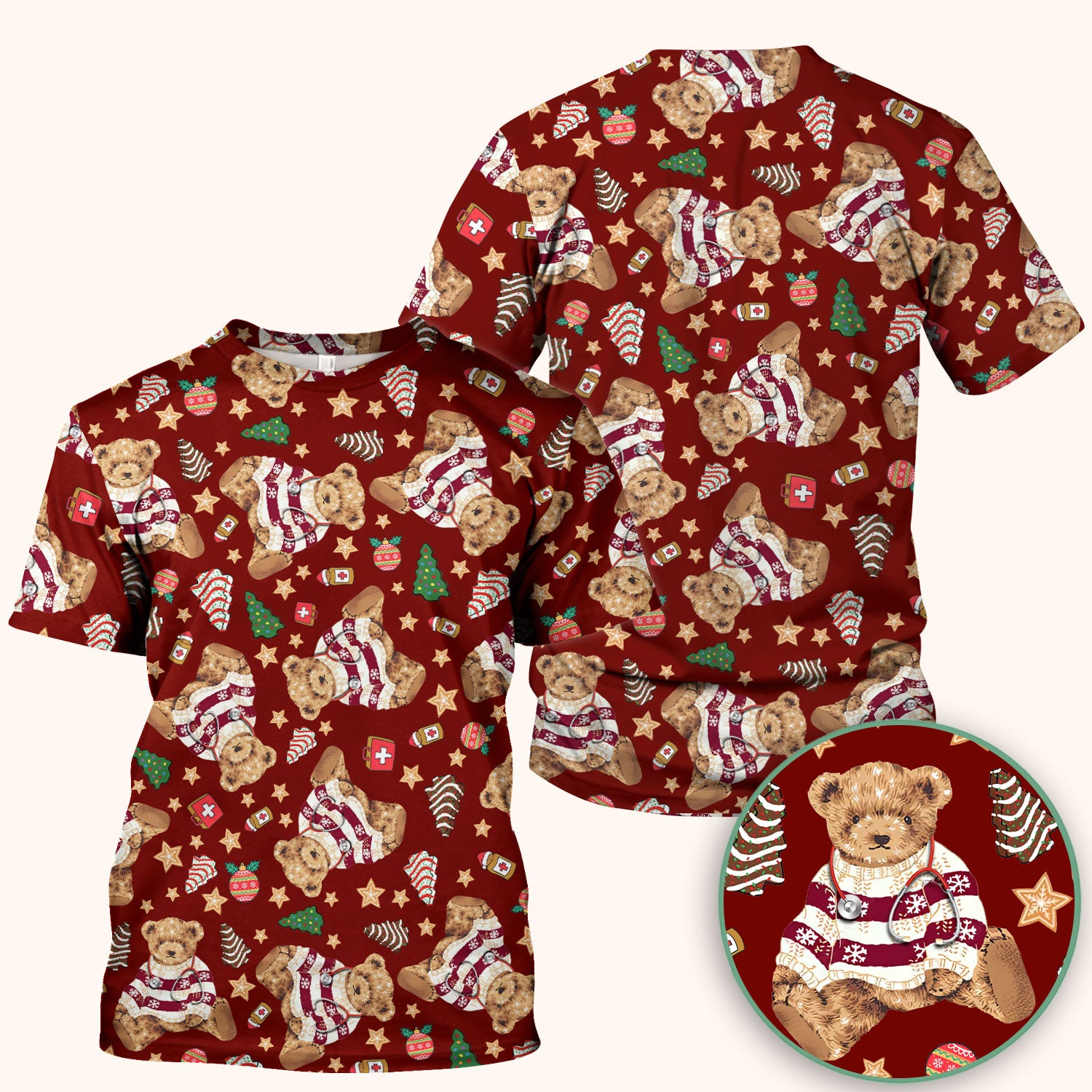 Teddy Bear Christmas Scrub Top - Cute Holiday Medical Pattern with Warm Sweater Bear - Gift for Nurses RN CNA LPN