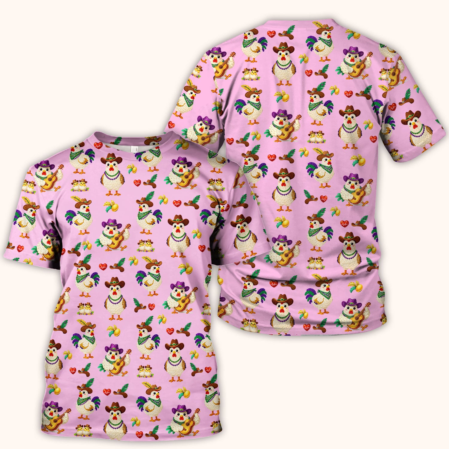 Funny Mardi Gras Rooster Cowboy Print Scrub Top, Comfortable Scrubs for Nurses