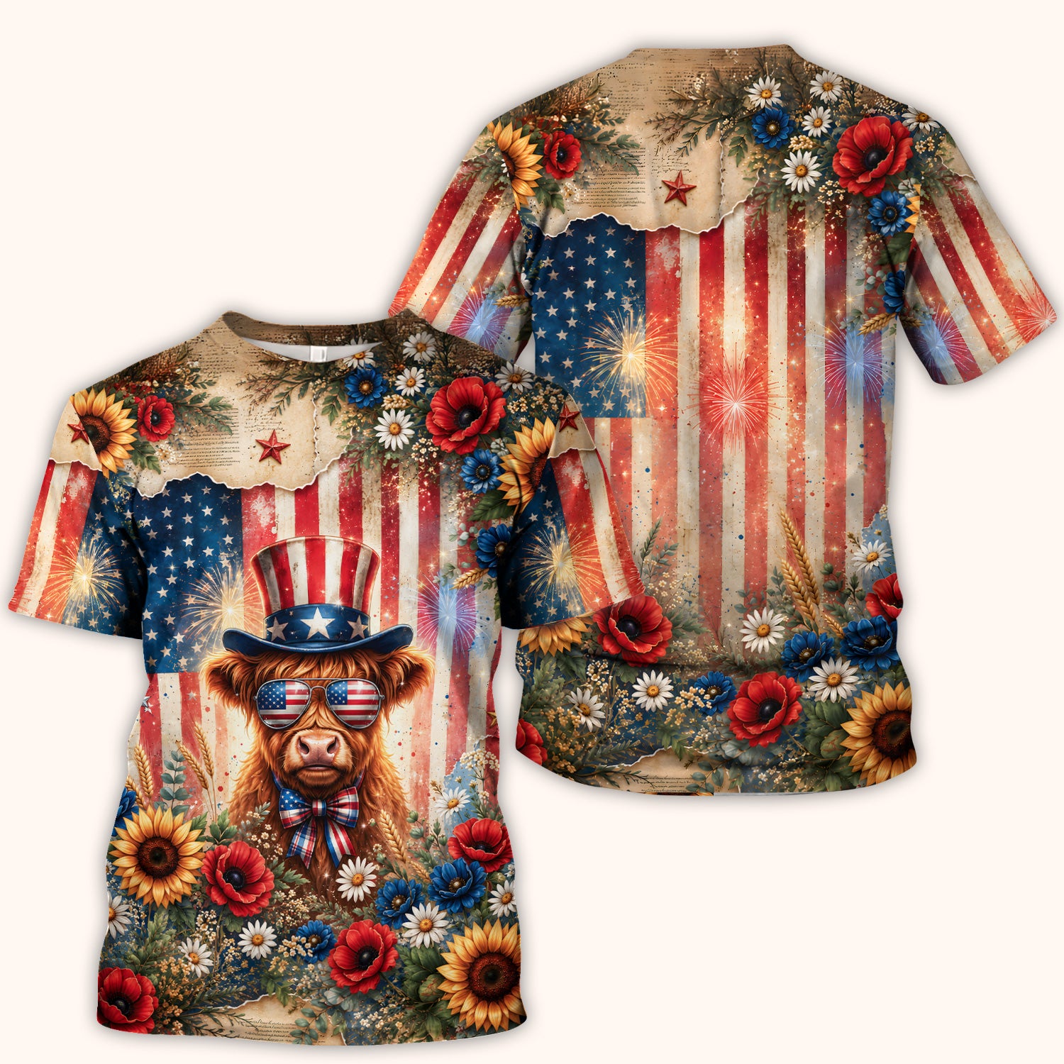Patriotic Highland Cow Nurse for RN, CNA, Healthcare Workers Scrub Top, Comfortable Scrubs for Nurses