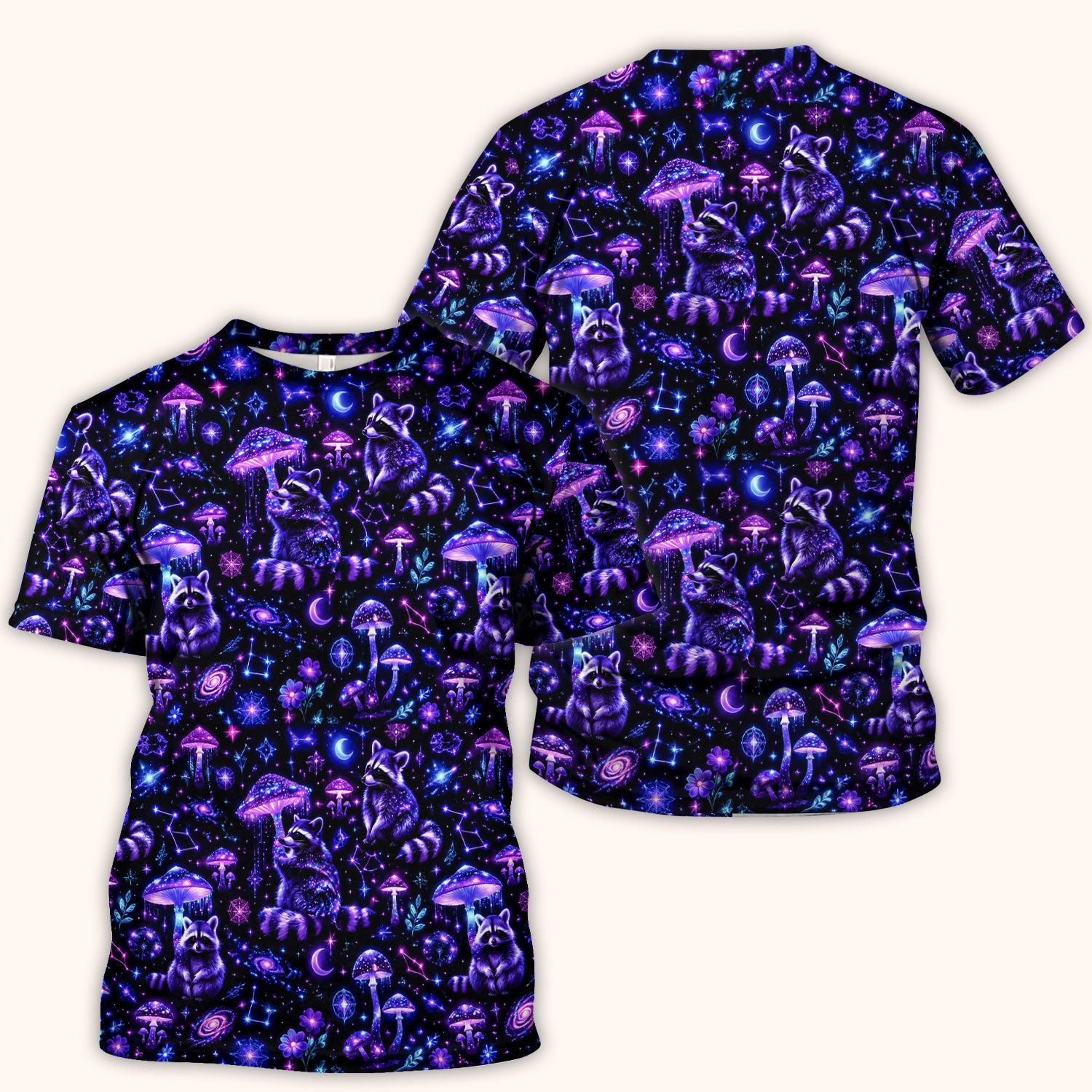 Cosmic Raccoon Mushroom Print Scrub Top, Comfortable Scrubs for Nurses