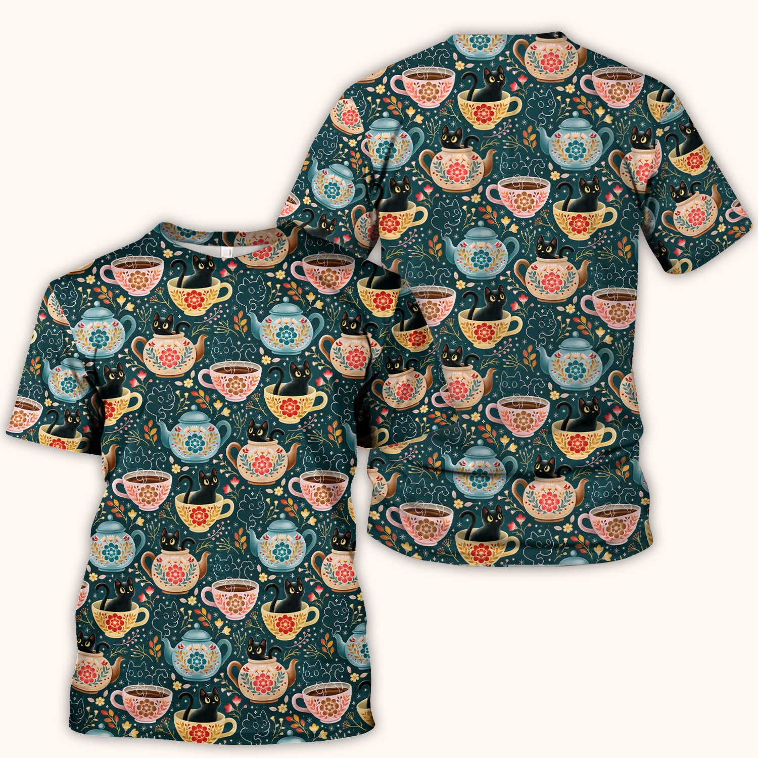 Black Cat Tea Party Veterinary Pattern Scrub Top, Comfortable Scrubs for Nurses