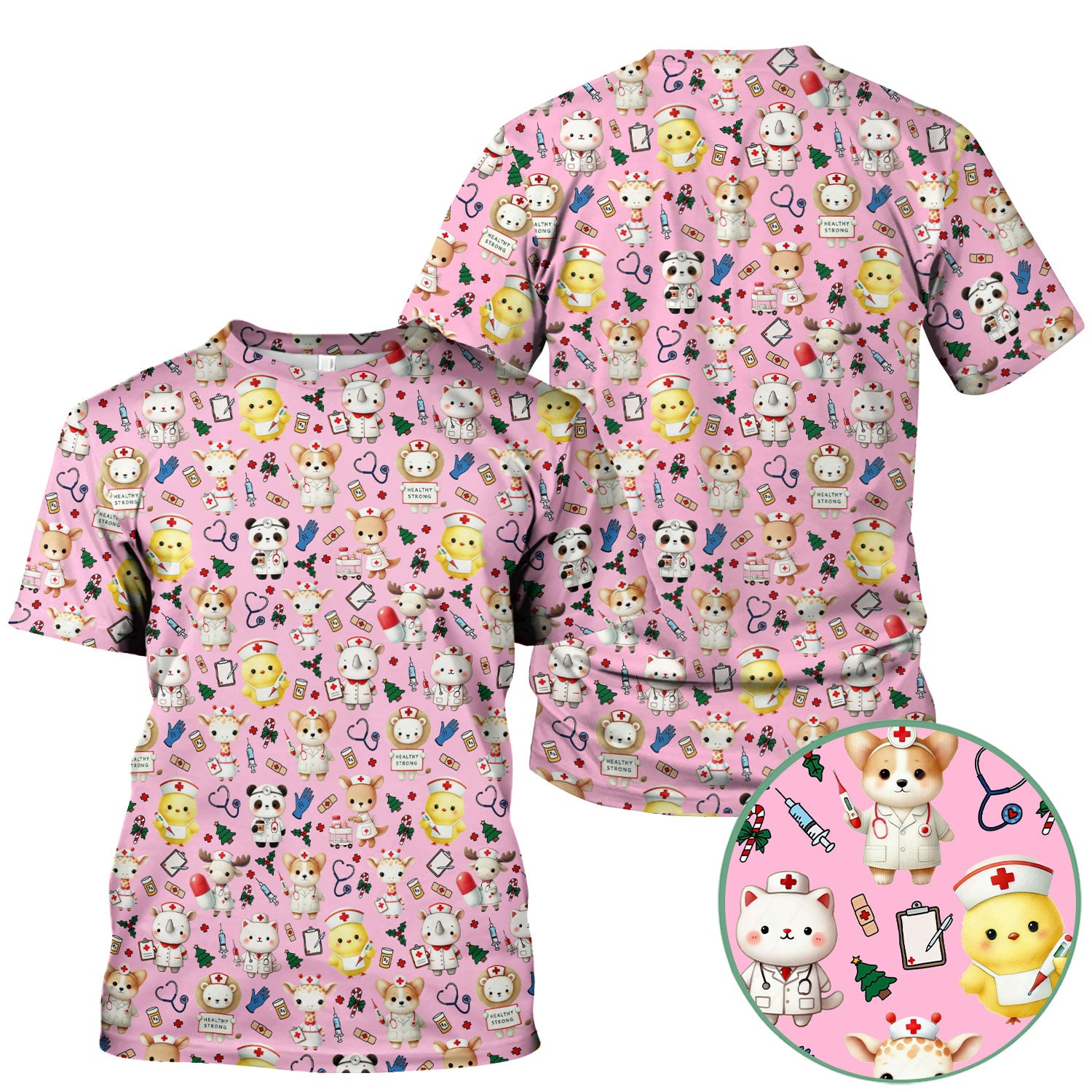 Comfortable Scrubs for Nurses - Pediatric Scrub Tops - Breathable Fabrics Nursing Uniform - Adorable Puppy Cat Bear Print