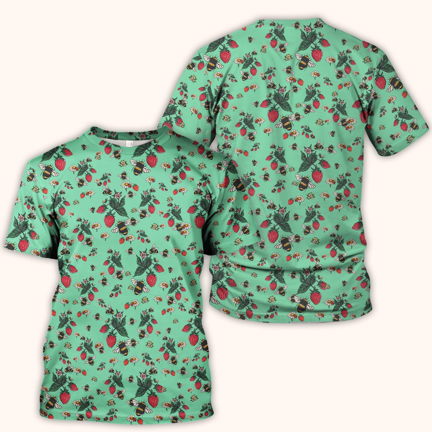 Cute Strawberry Bee Daisy Floral Pattern Scrub Top, Comfortable Scrubs for Nurses