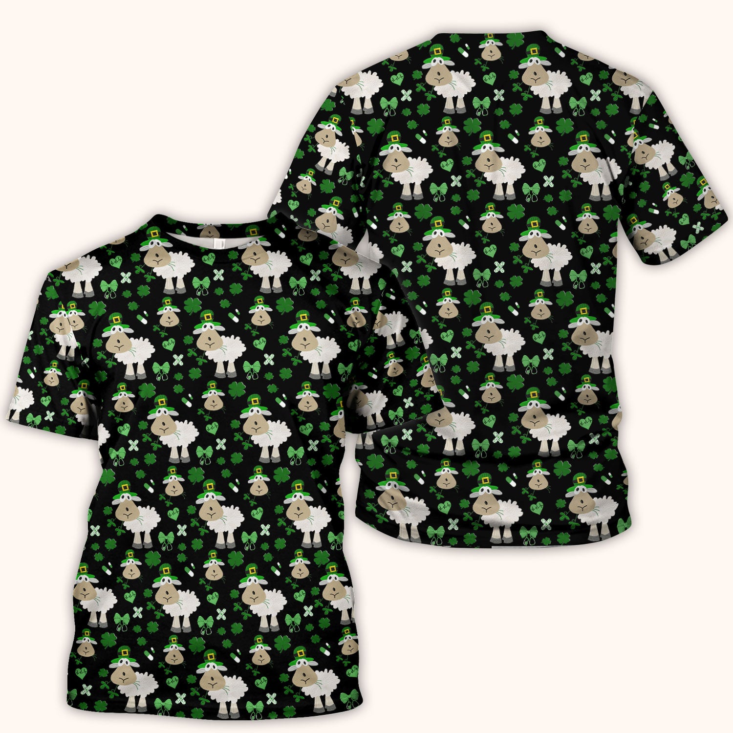 Nurse St. Patrick Scrubs Top, Cute Sheep Shamrock Pattern Nurse Shirt, Breathable Fabrics Nursing Uniform