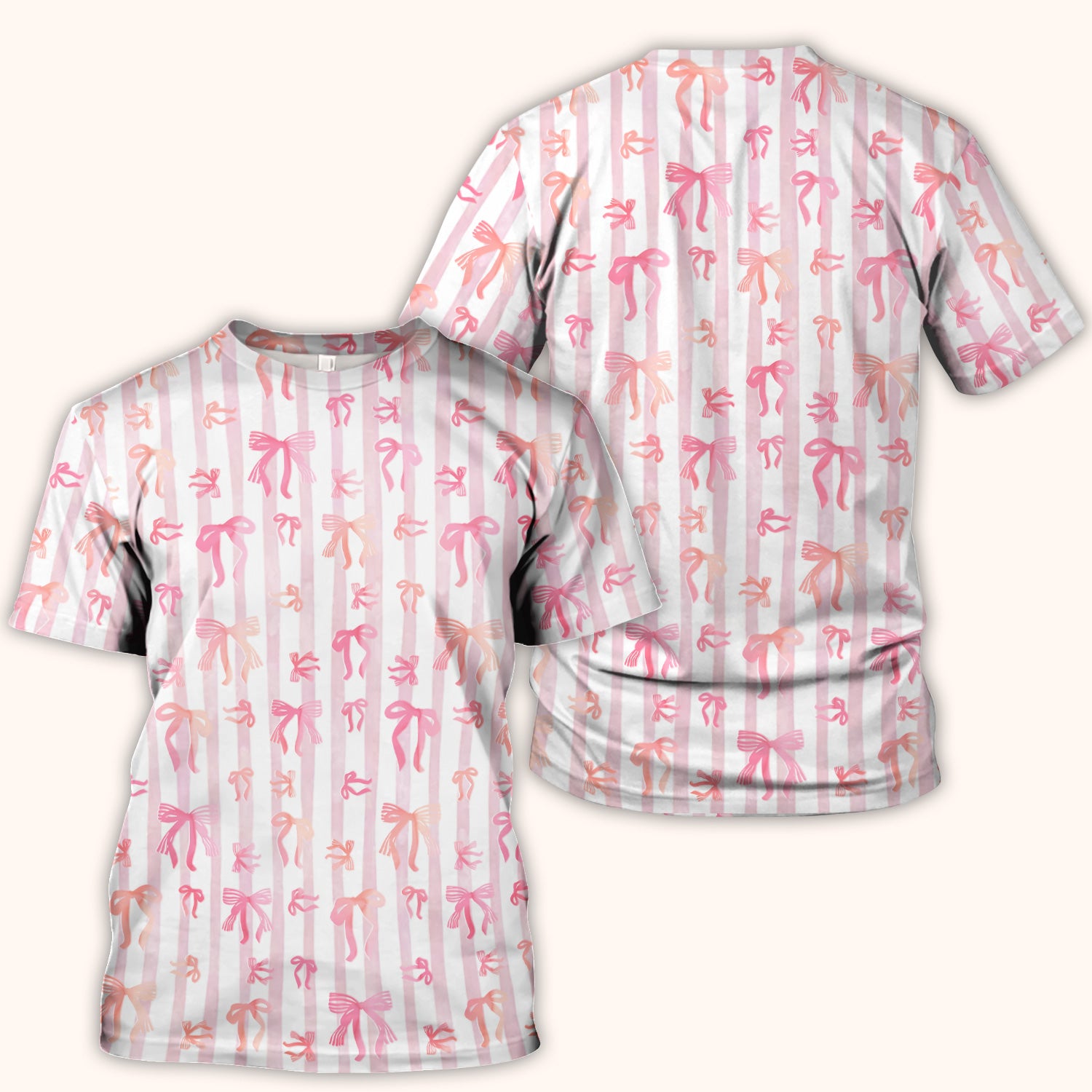 Pink Bow Stripe Pattern Print Scrub Top, Comfortable Scrubs for Nurses