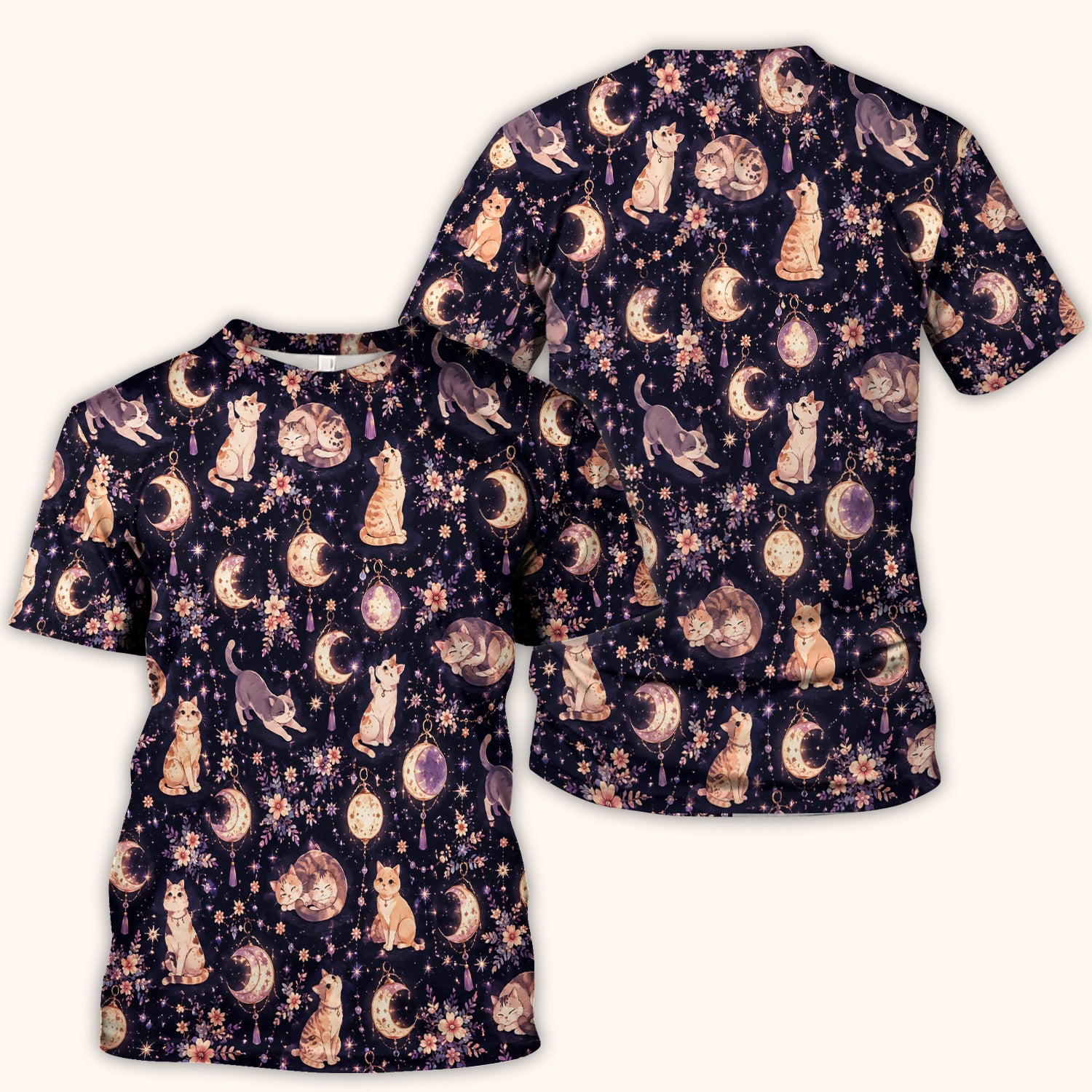 Celestial Cat Pattern Scrub Top, Comfortable Scrubs for Nurses