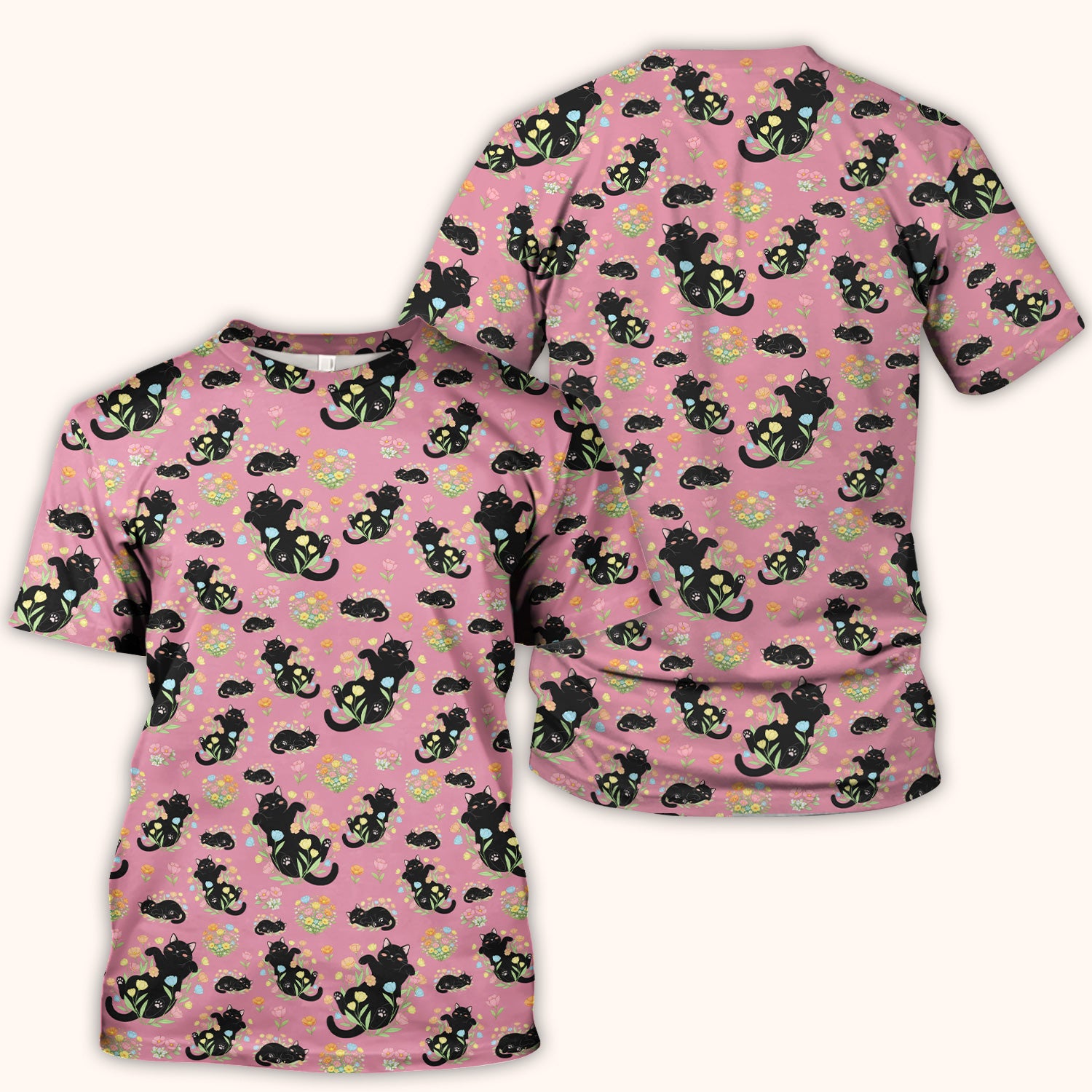 Cats With Cute Poses Floral Pattern Scrubs Top, Comfortable Scrubs for Nurses