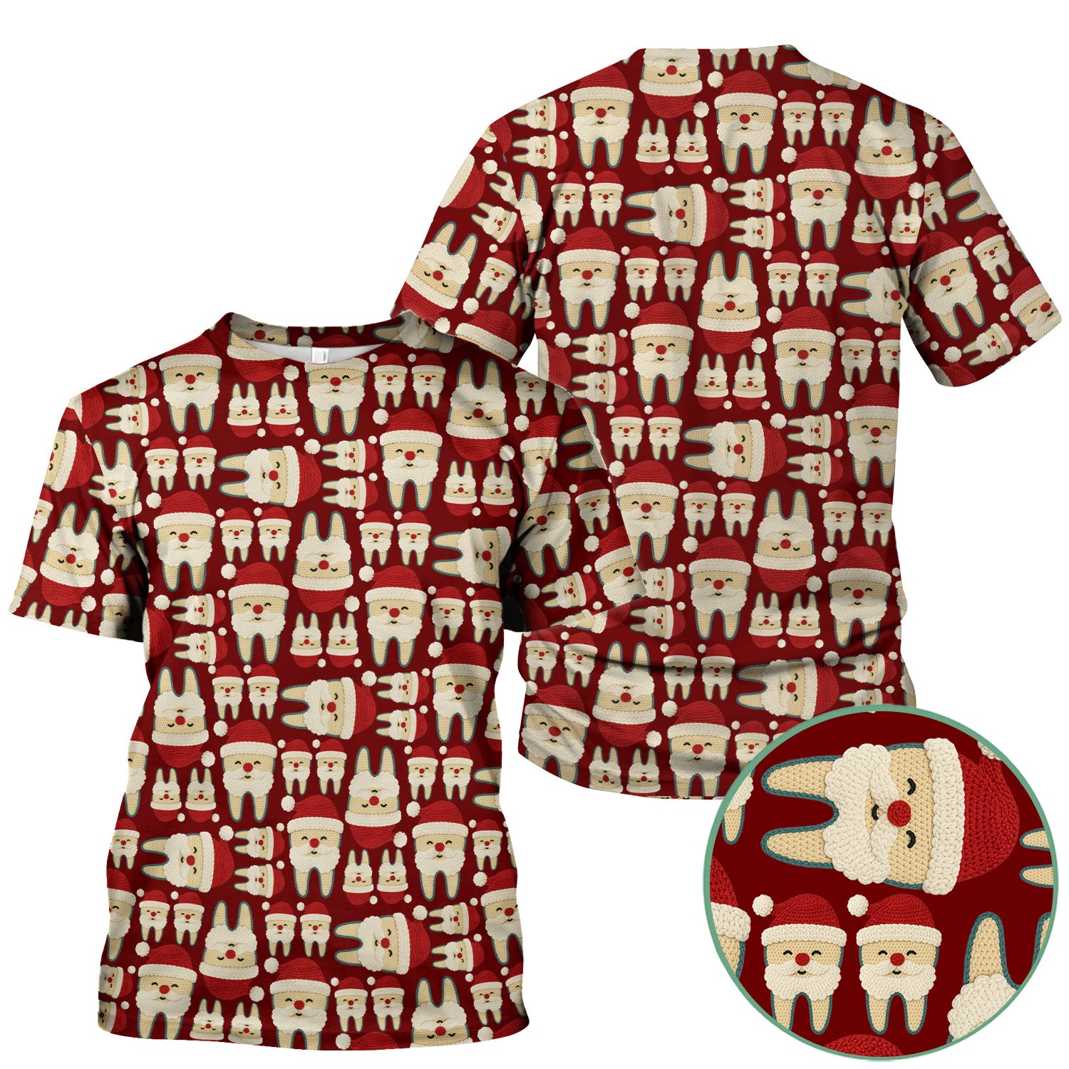 Christmas Tooth Scrub Top - Cute Santa Tooth Pattern for Dentists & Hygienists - Crochet Style Holiday Medical Uniform for Women