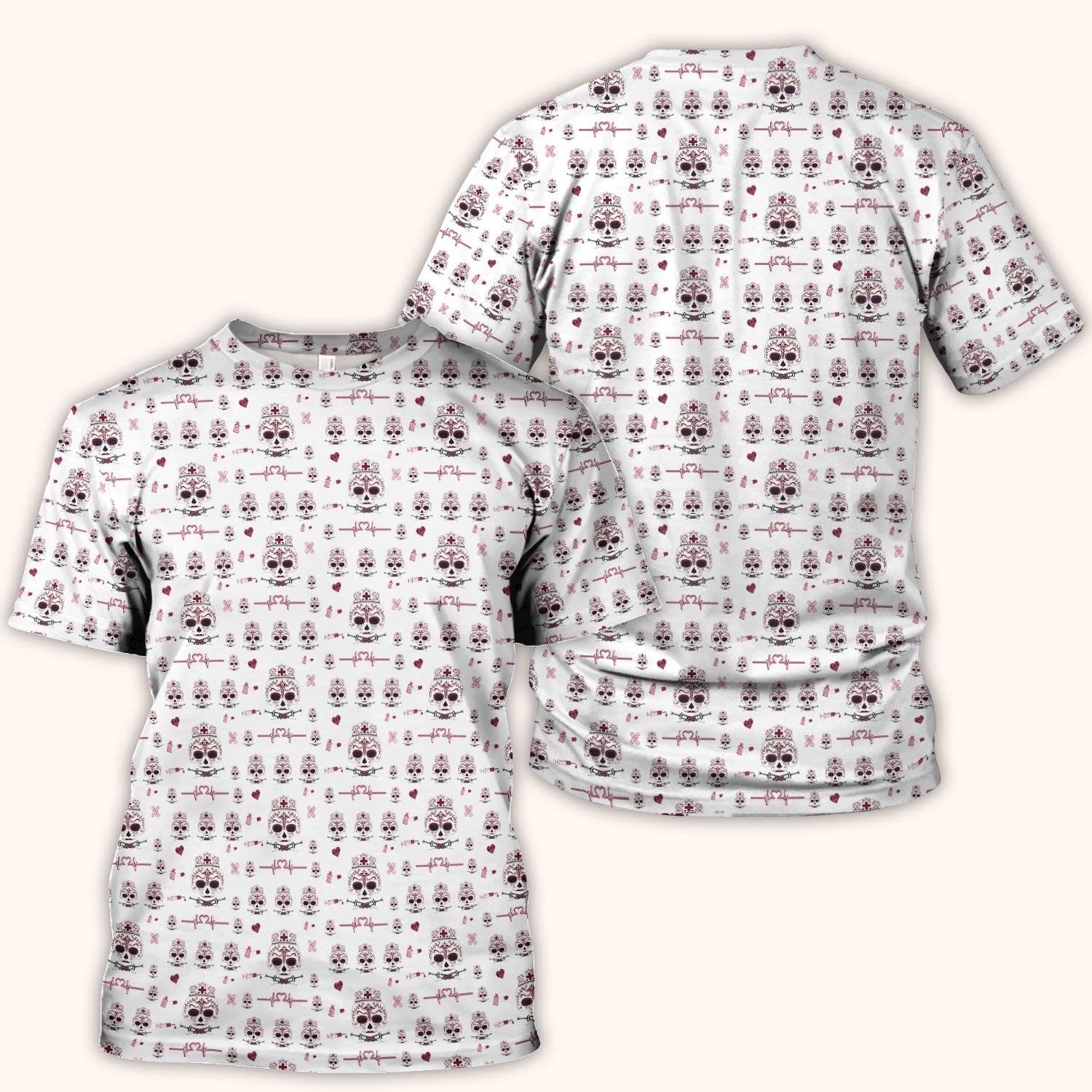 Sugar Skull Scrub Top, Skull Pattern Scrub Shirt, Breathable Fabrics Nursing Uniform