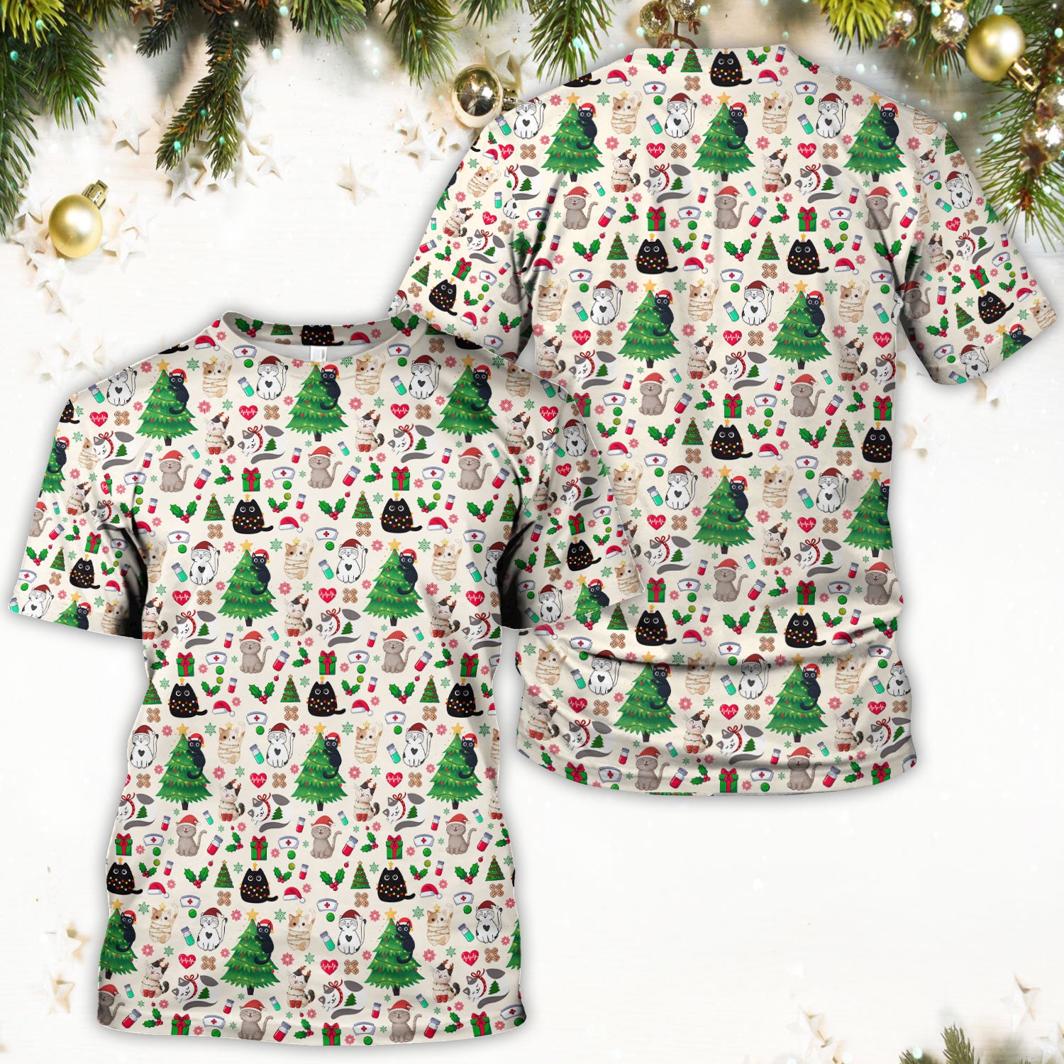 Christmas Cat Scrub Top, Xmas Pet Pattern Scrub Shirt, Breathable Fabrics Nursing Uniform
