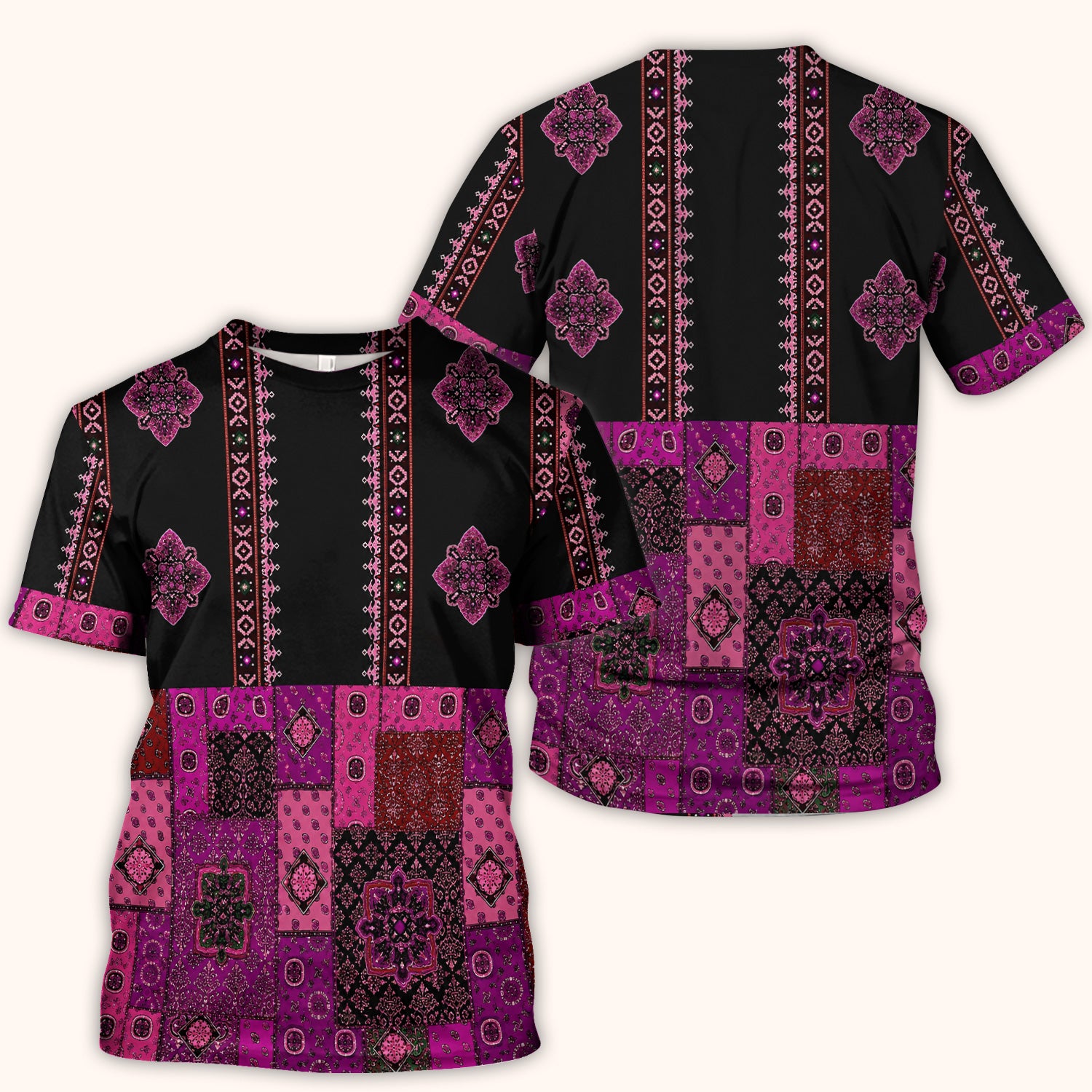 Boho Pink Bandana Patchwork Pattern Scrub Top, Comfortable Scrubs for Nurses