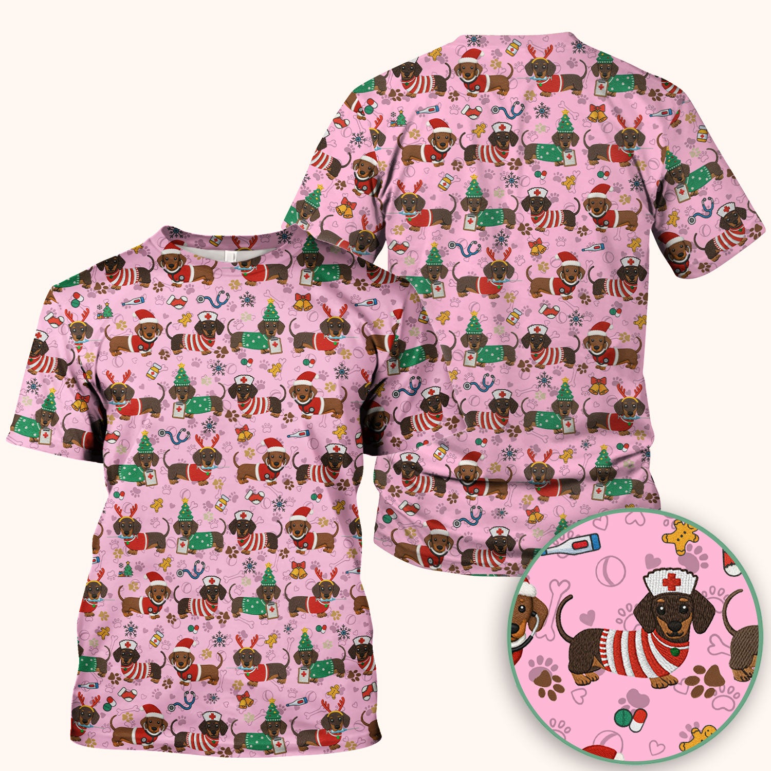 Christmas Dachshund Scrub Top for Nurses - Cute Wiener Dog Pattern Medical Shirt - Festive Holiday Scrubs Gift for Women RN CNA LPN