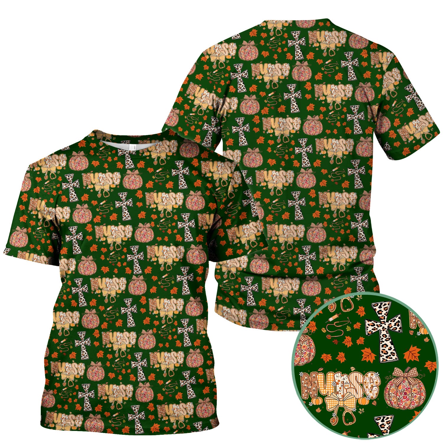 Floral Pumpkin Scrub Top for Women - Coquette Bow Thanksgiving Shirt - Comfortable Medical Uniform
