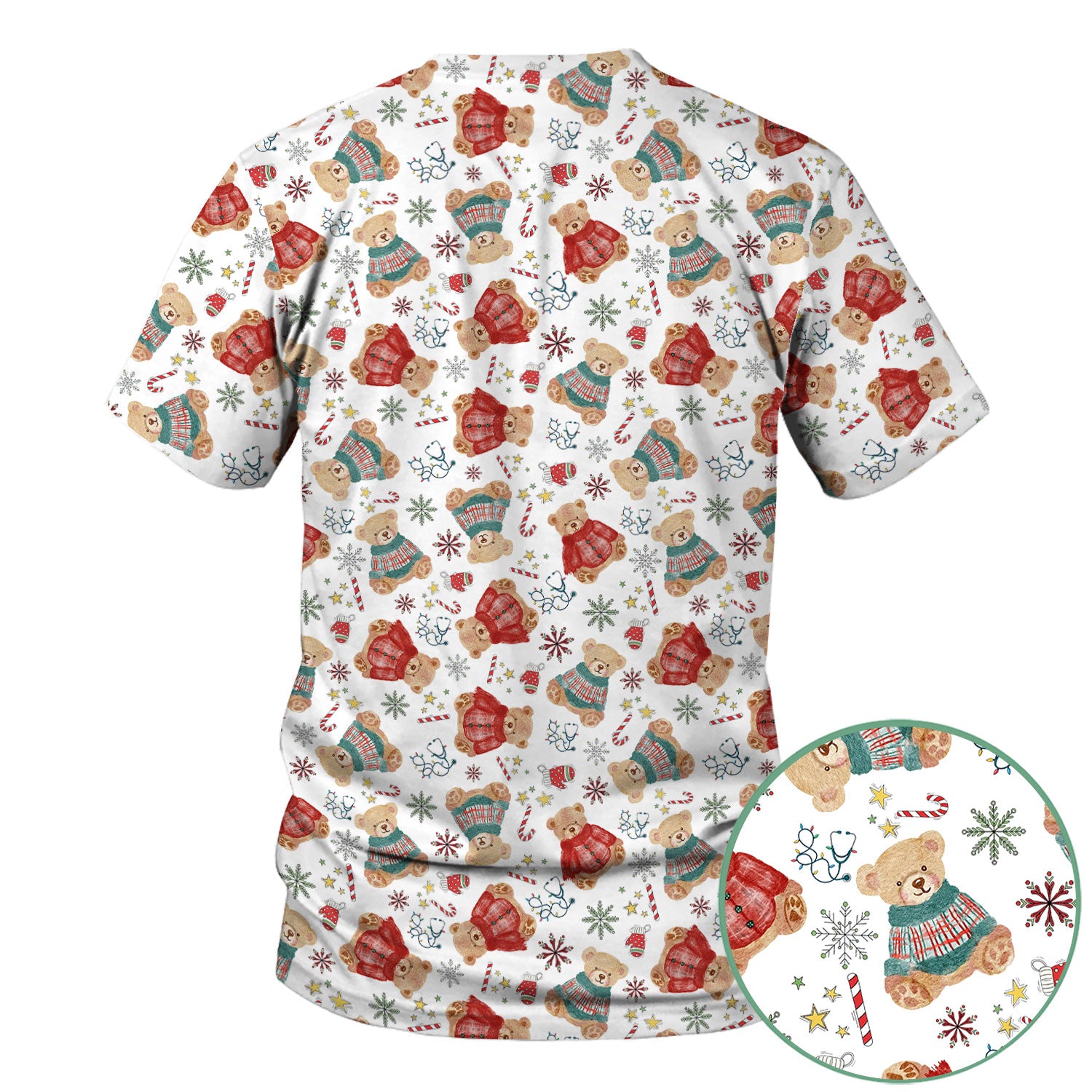 Funny Christmas Scrub Shirt - Cute Bear Winter Print Scrubs - Holiday Medical Scrub Top Gift for Women, Men, CNA RN, Doctor Nurse Christmas Outfit