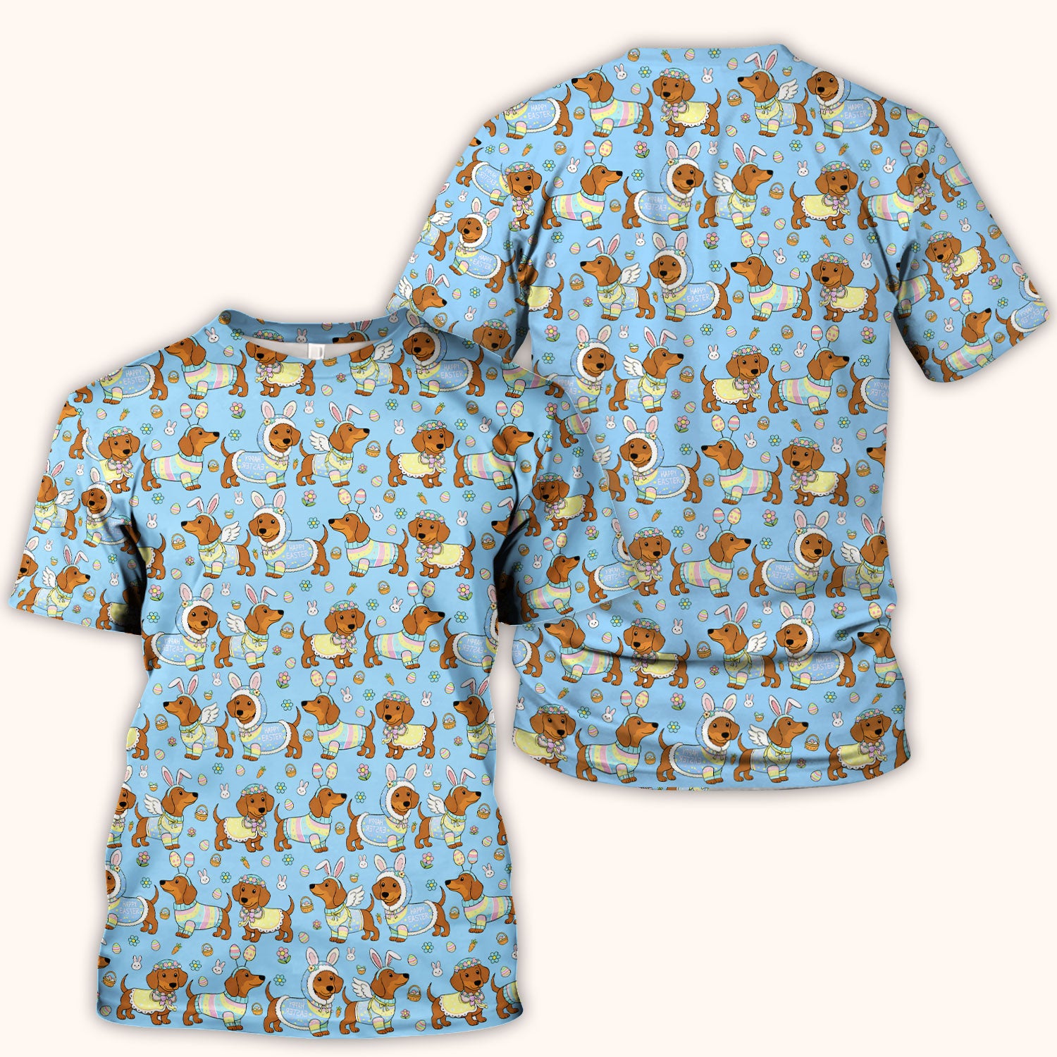 Easter Dachshund Bunny Print Scrub Top, Breathable Fabrics Nursing Uniform