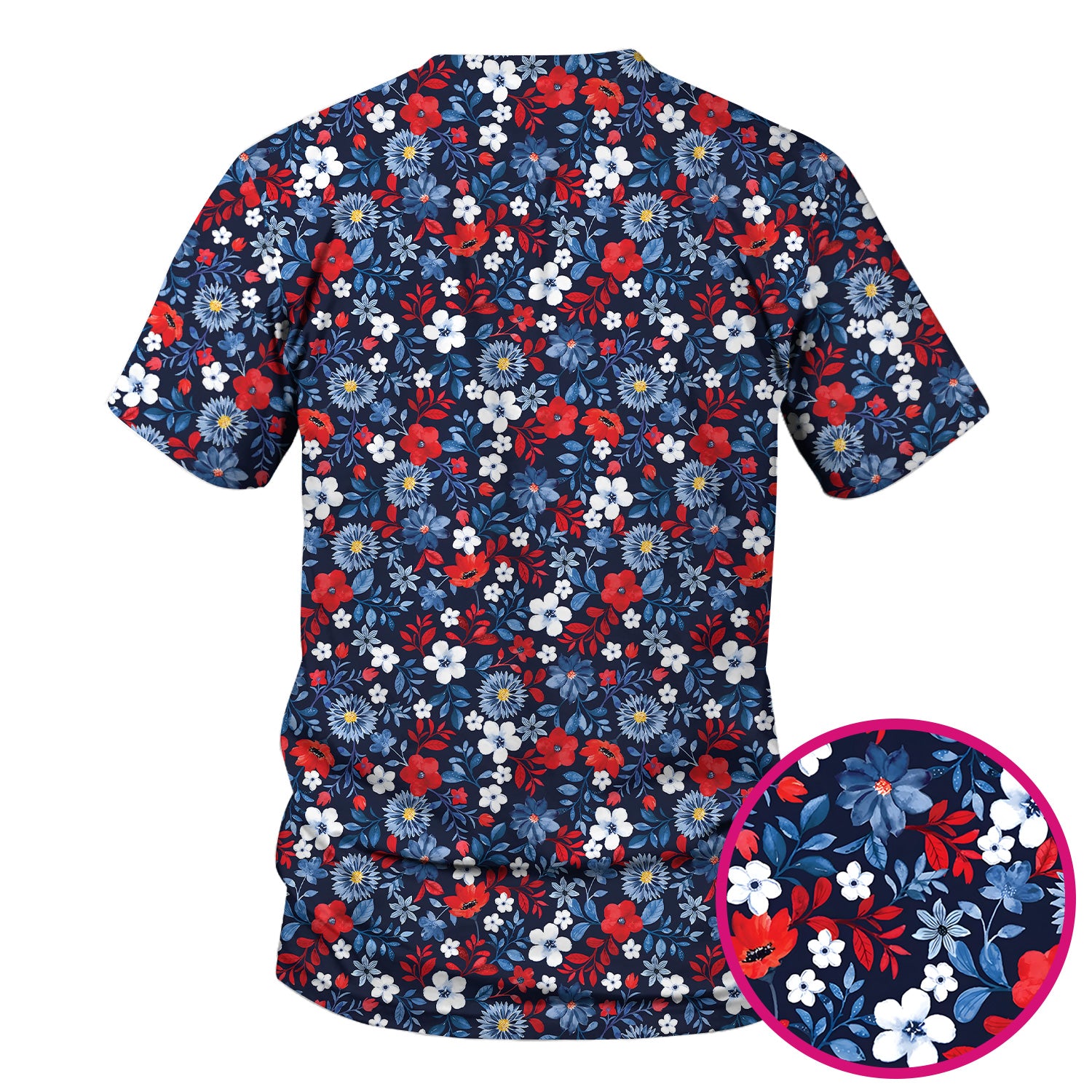 Classic Floral Print V Neck Scrub Top for Nurses, Blue Red Medical Uniform