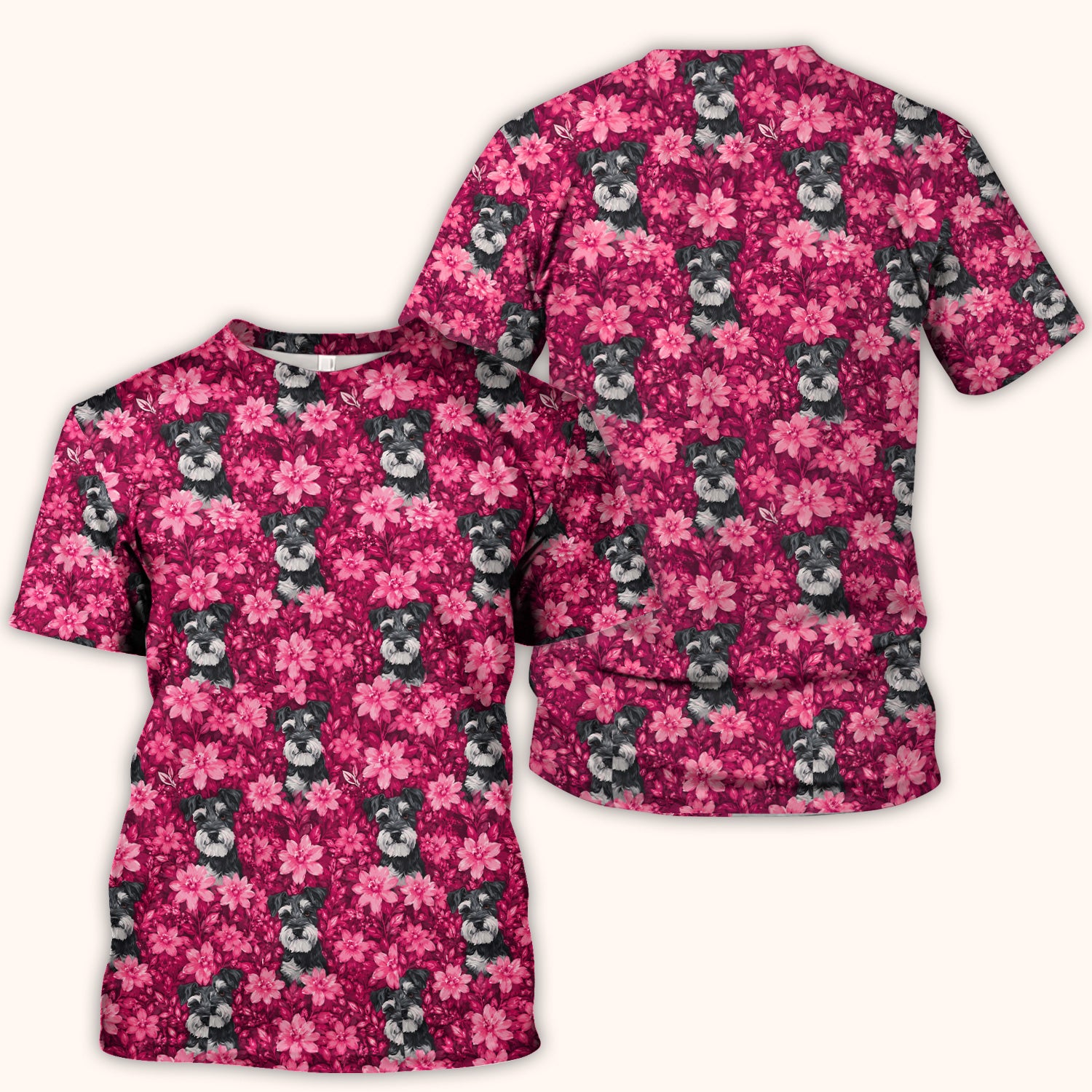 Pink Floral Schnauzer Pattern Scrub Top, Comfortable Scrubs for Nurses