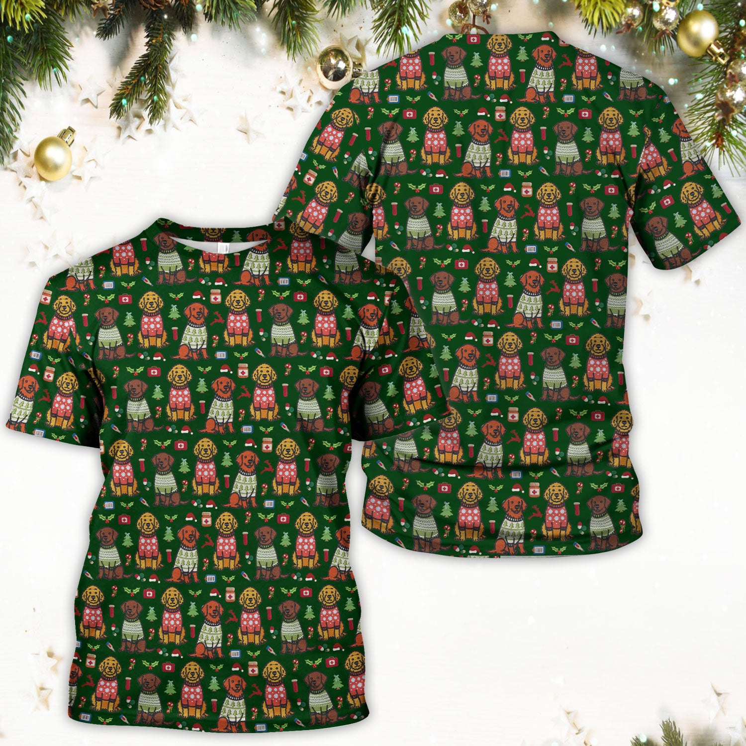 Golden Retriever Christmas Scrub Top, Cute Holiday Dog Nurse Pattern Shirt, Breathable Fabrics Nursing Uniform