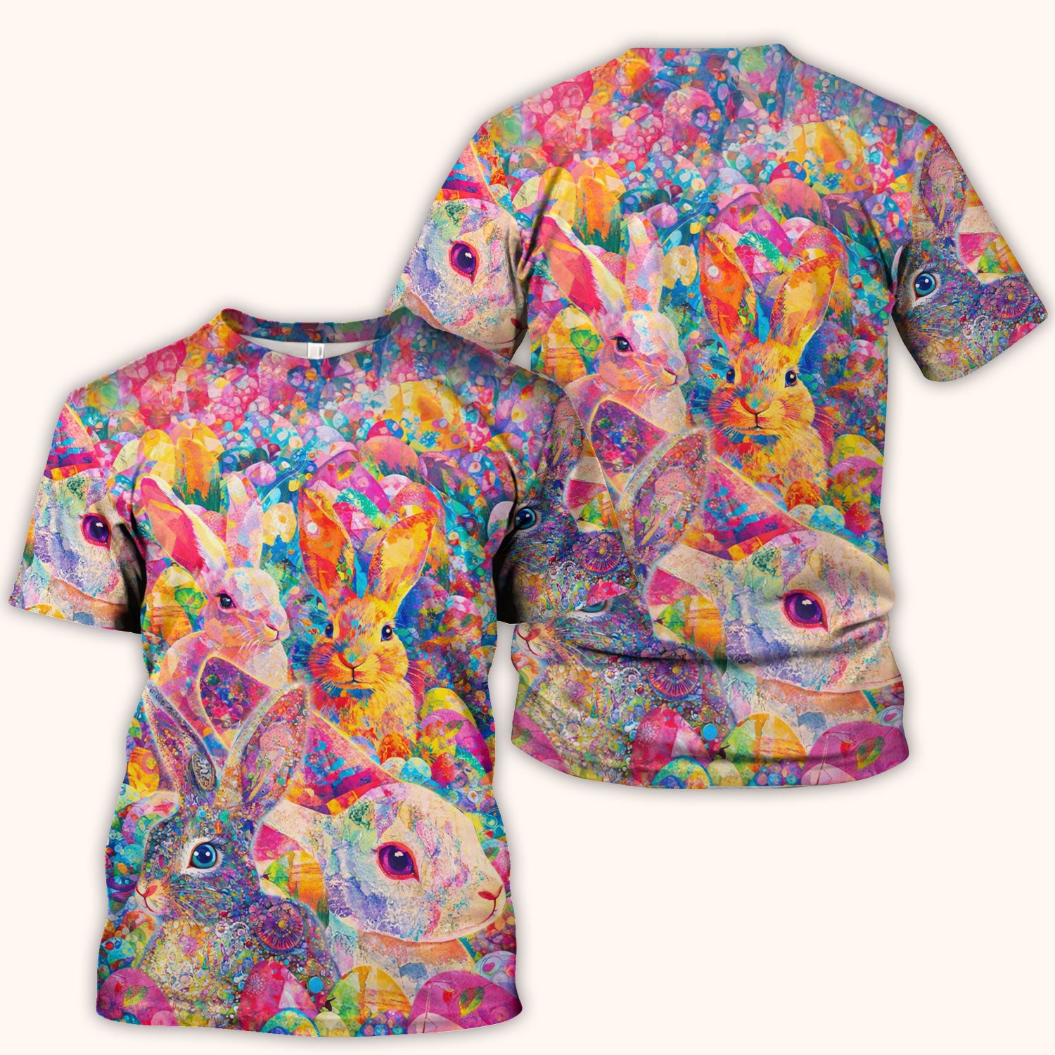 Colorful Artistic Bunny Print Scrub Top, Breathable Fabrics Nursing Uniform, Easter