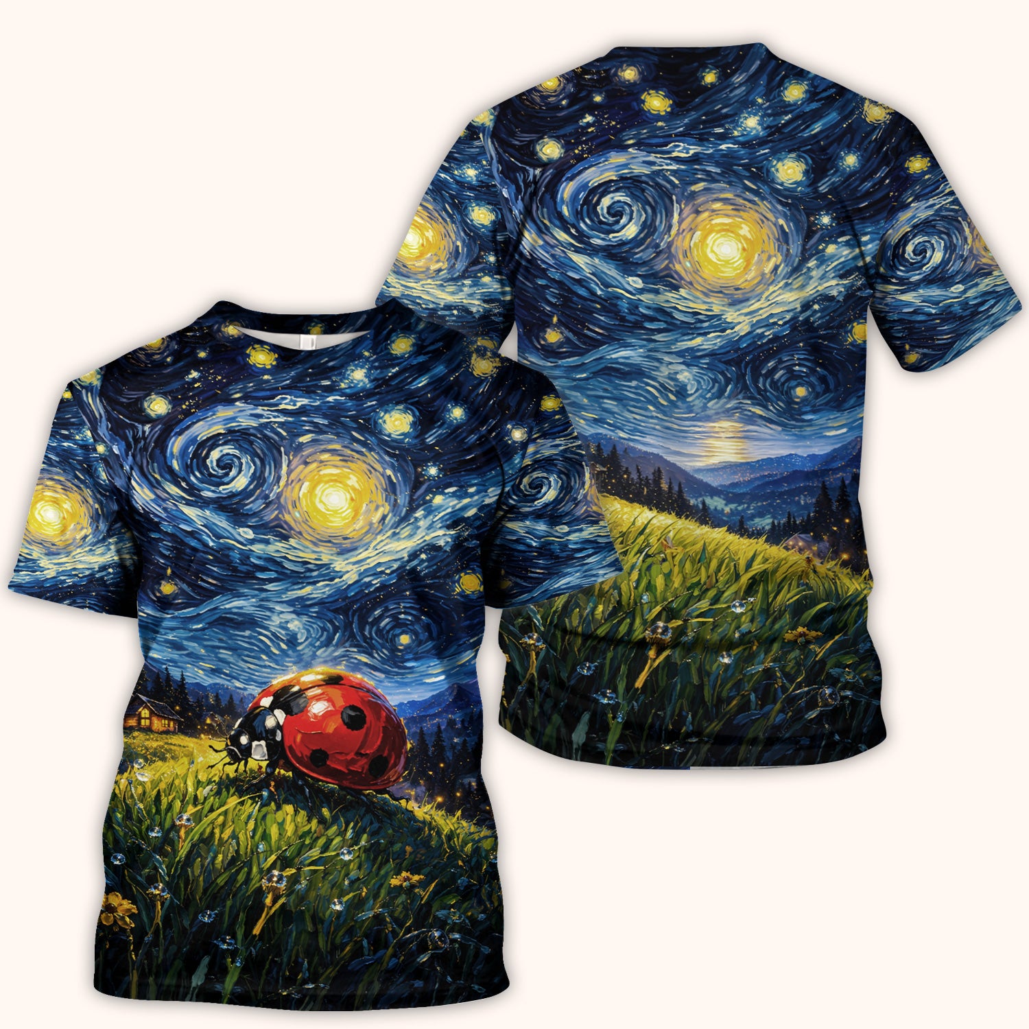 Swirl Night Sky Ladybug Landscape Art Print Scrub Top, Artistic Nature Nursing Uniform for Women